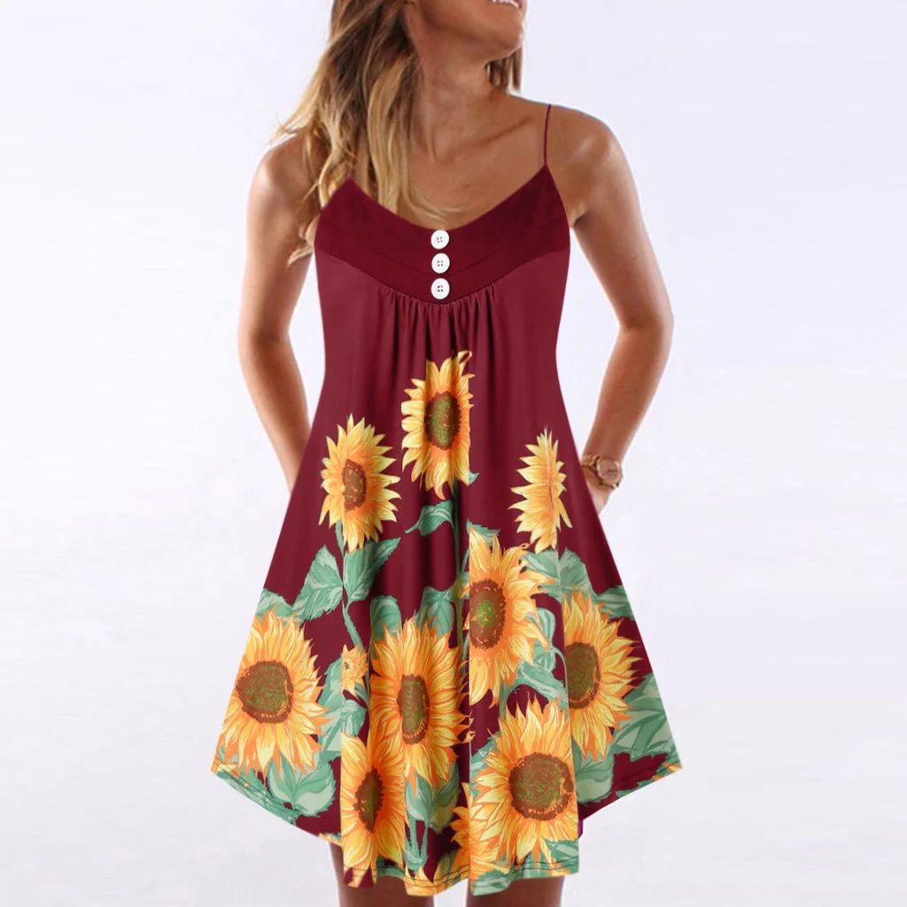 Mnycxen Women's Sexy Summer Dress Women Print Sleeveless Spaghetti Strap Double Plain Shift Dress