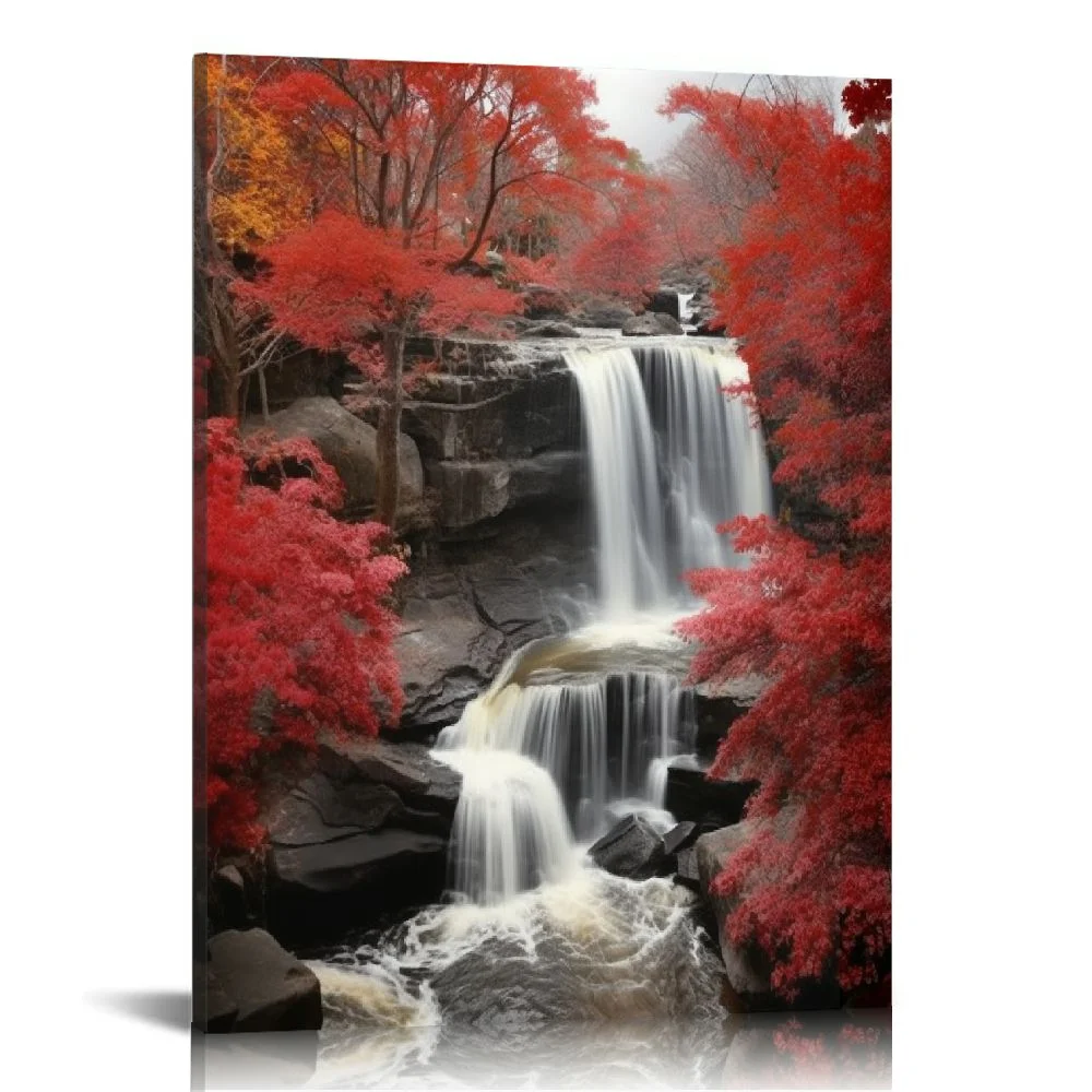 Nawypu  Red Waterfall Canvas Wall Art Decor Vertical Decorative Prints Forest Landscape Picture for Living Room Kitchen Bedroom Office Home Decor Gift
