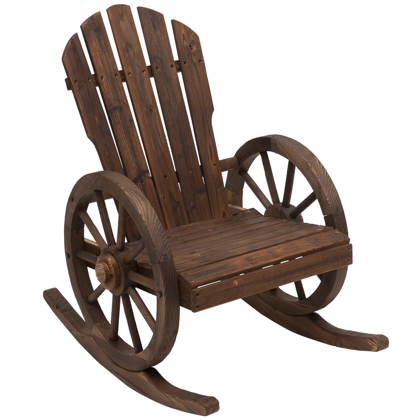 Outdoor Wooden Rocking Chair, Slatted Design and Oversized Back, High Back Rocking Chair, Arm of Wagon Wheel, Porch, Poolside, Garden, Carbonized