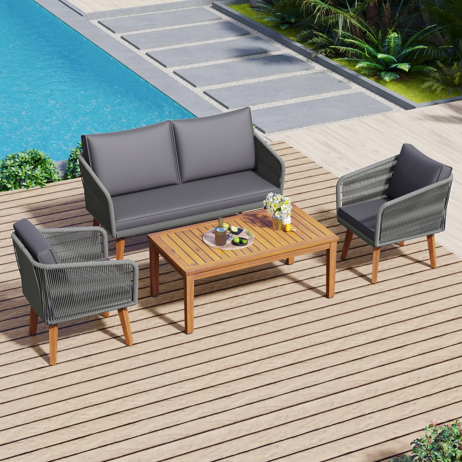 Stylish and Cozy 4-Piece Solid Wood Patio Conversation Set - TREXM Loveseat  2 Chairs  and Table - Outdoor Furniture Group with Cushions for Poolside  Backyard  Garden - Dark Grey Cushion
