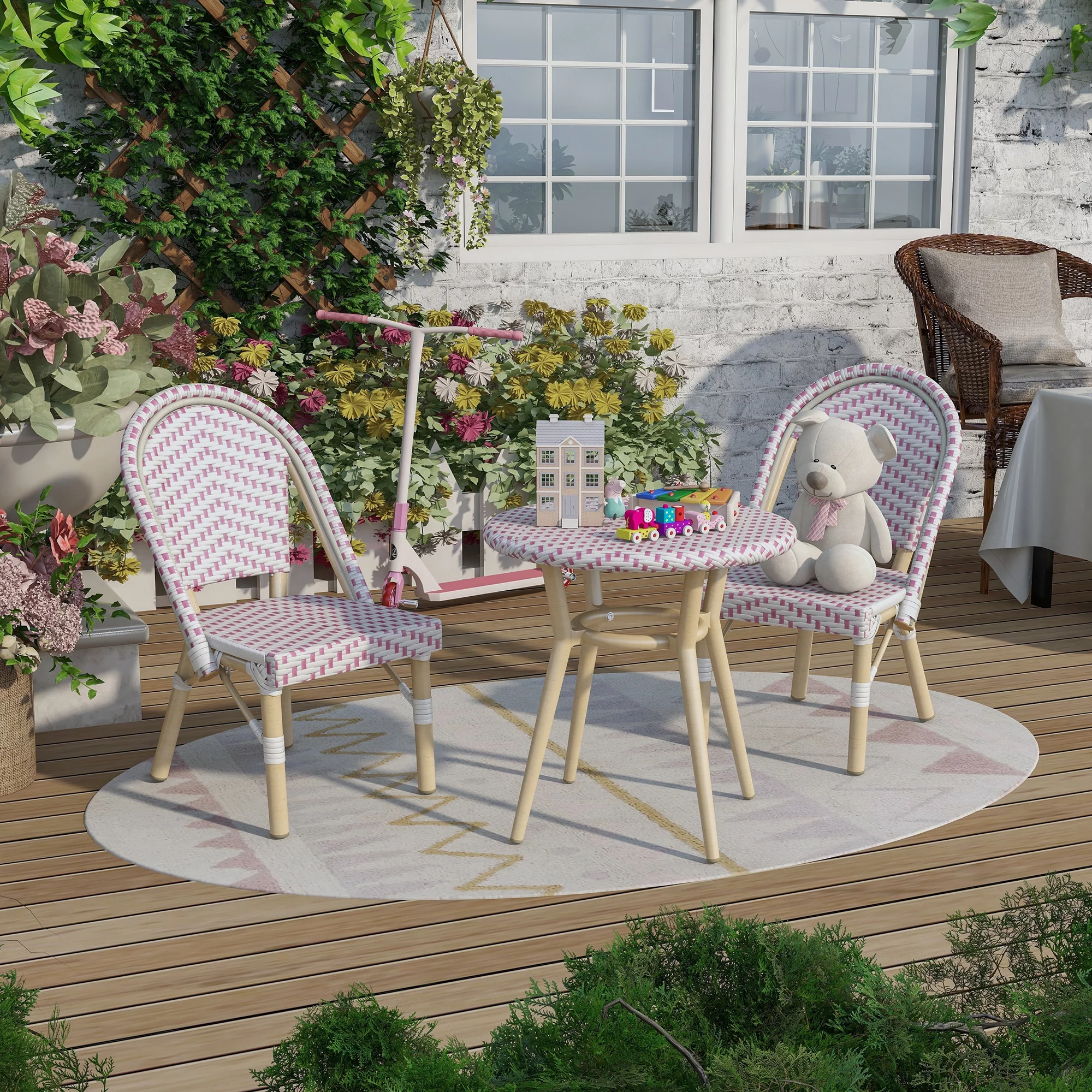 Hjem Metal 3-Piece Outdoor Patio Kids Chair and Table Set, Pink