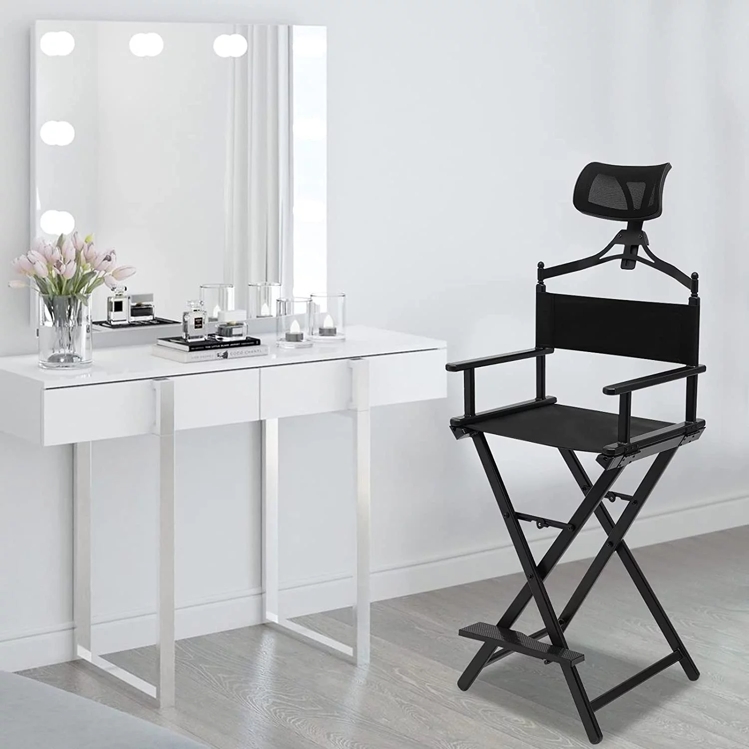 MQLIFEBOOM Foldable Directors Chair  Portable Folding Directors Chair   Chair with Headrest Aluminum  Chair with Head  for Studio Salon Vanity