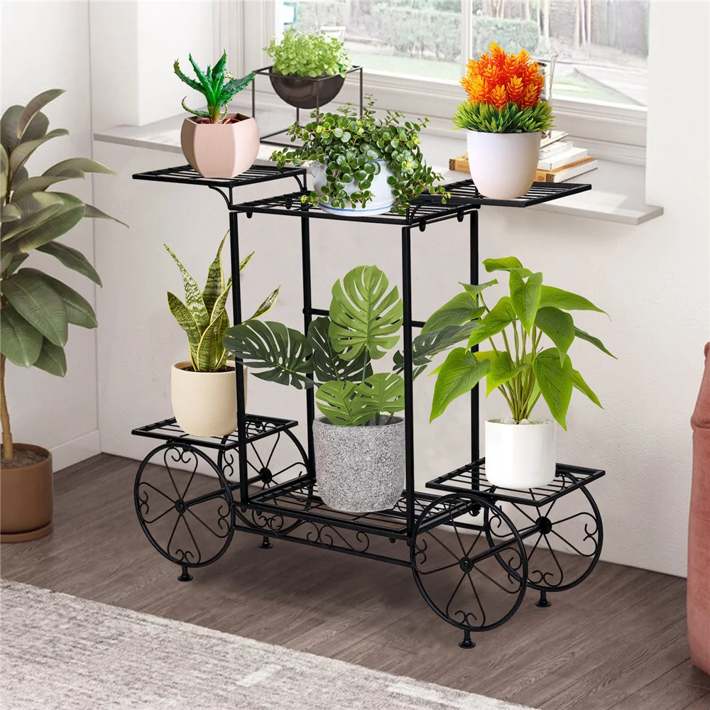 Large Metal Garden Cart Plant Stand Anti-rust Flower Display Rack Holder for Indoor Outdoor