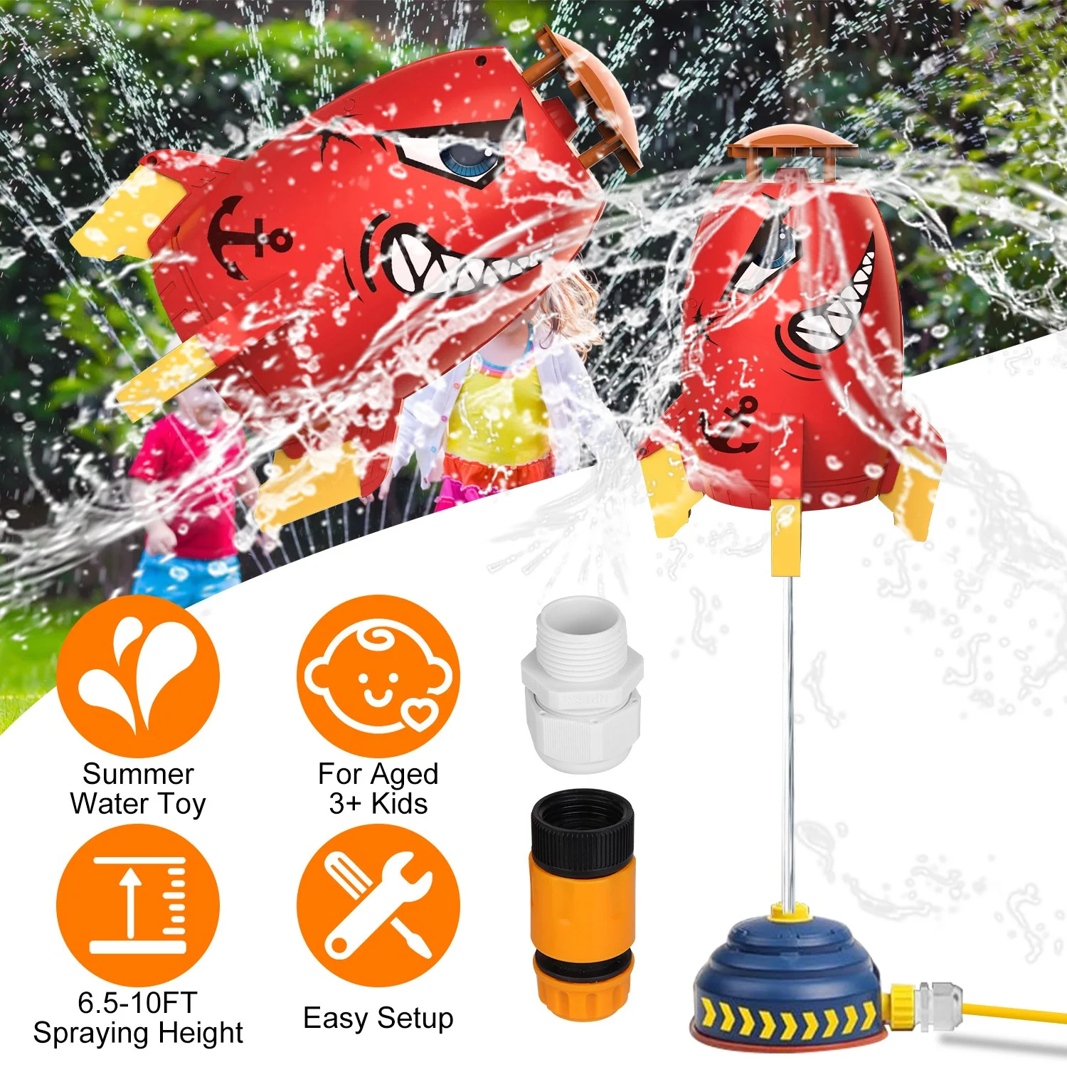 Moclever Outdoor Water Sprinkler, Kids Summer Water Toy Rocket Sprinkler Launcher 360° Rotation for 3+ Years Old Boys Girls for Yard Pool Garden, Red