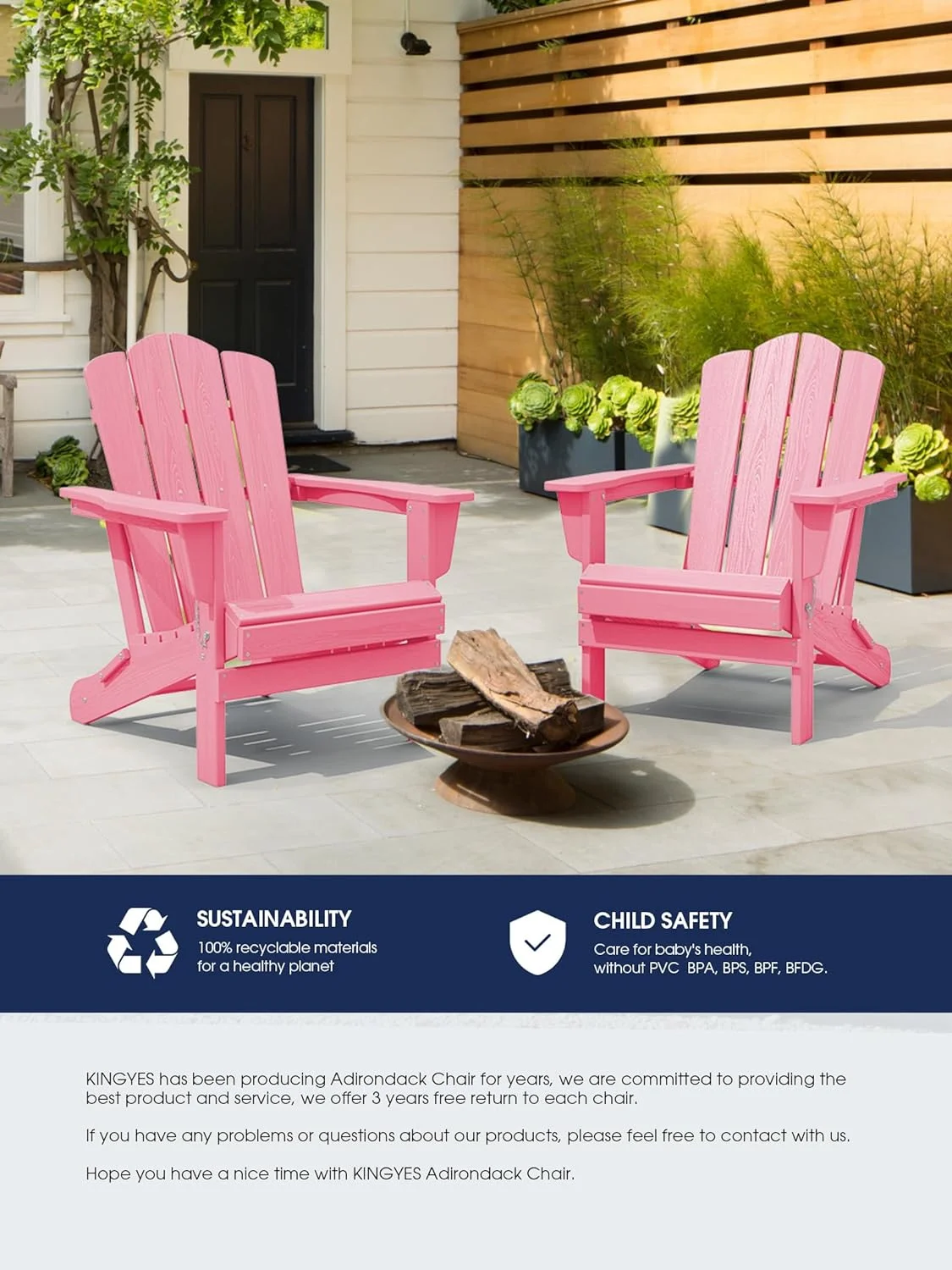 KINGYES Folding Adirondack Chair Set of 2, HDPE All-Weather Folding Adirondack Chair, Light Pink