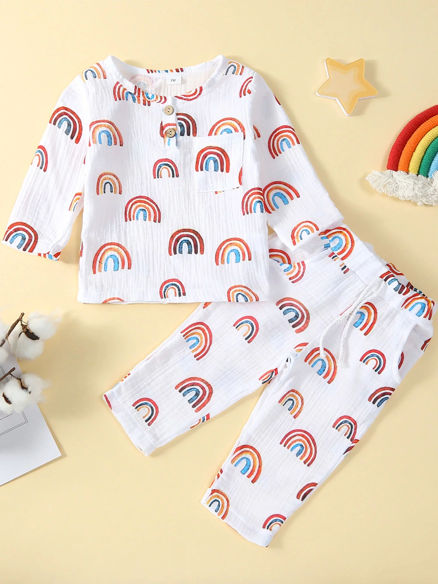 Toddler Infant Baby Boy Girl Fall Clothes Rainbow Print Tops with Pants Coming Home Outfit
