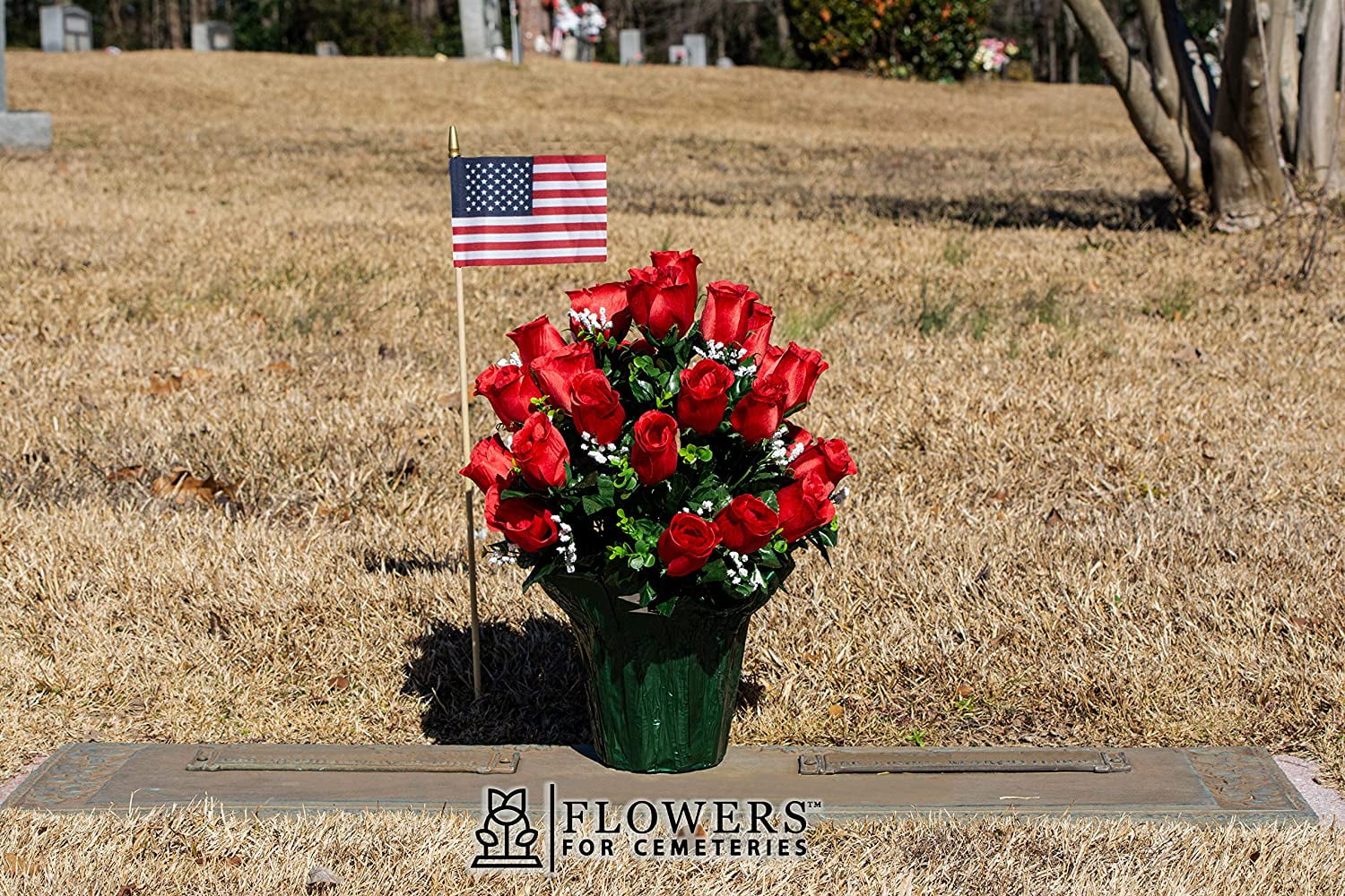 Silks Red Roses Pot Made for Front Porch, Home, Office, Memorial, and Home décor - Artificial Flowers - Won't Blow Over