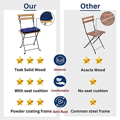 Outdoor Bistro Sets Solid Teak Wood Folding Table Set with 2 Chairs and Square Table and Waterproof Navy Cushion for Pool Beach Backyard Balcony Porch Deck Garden Patio Wooden Furniture