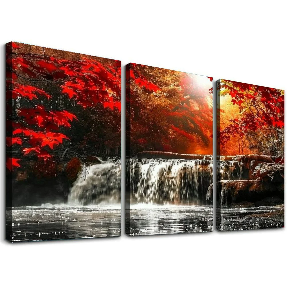 Ulloord Canvas Wall Art 1 Panel Framed Prints Art Red Waterfall Wall Art Decor Landscape Picture Print on Canvas Modern Large Artwork Ready to Hang for Living Room Bedroom Wall Decoration