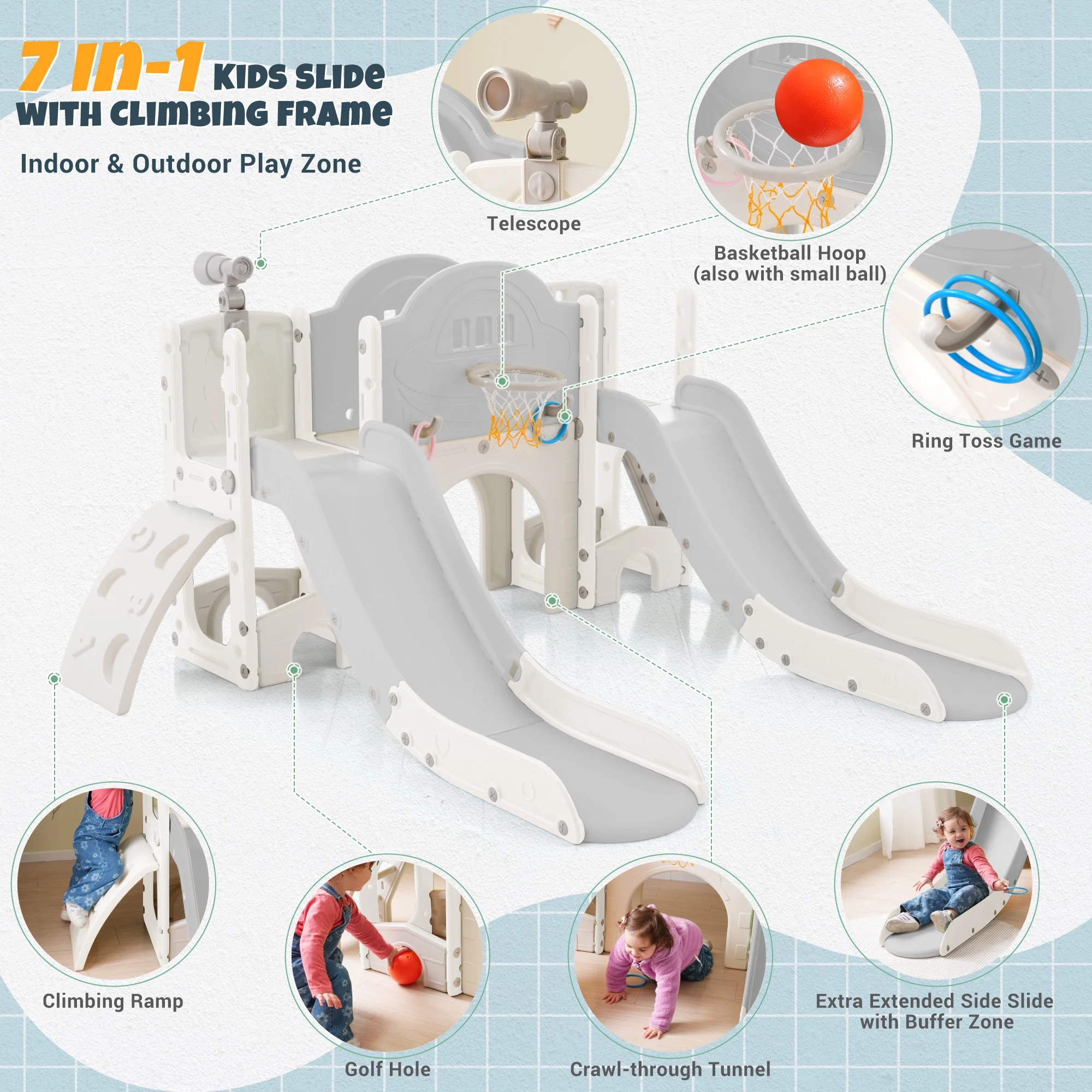 7-in-1 Kids Slide Playset Structure with Freestanding Spaceship Design, Including Slides, Tunnel, Ring Toss, Basketball Hoop - Perfect Playground for Toddlers and Kids Climbers