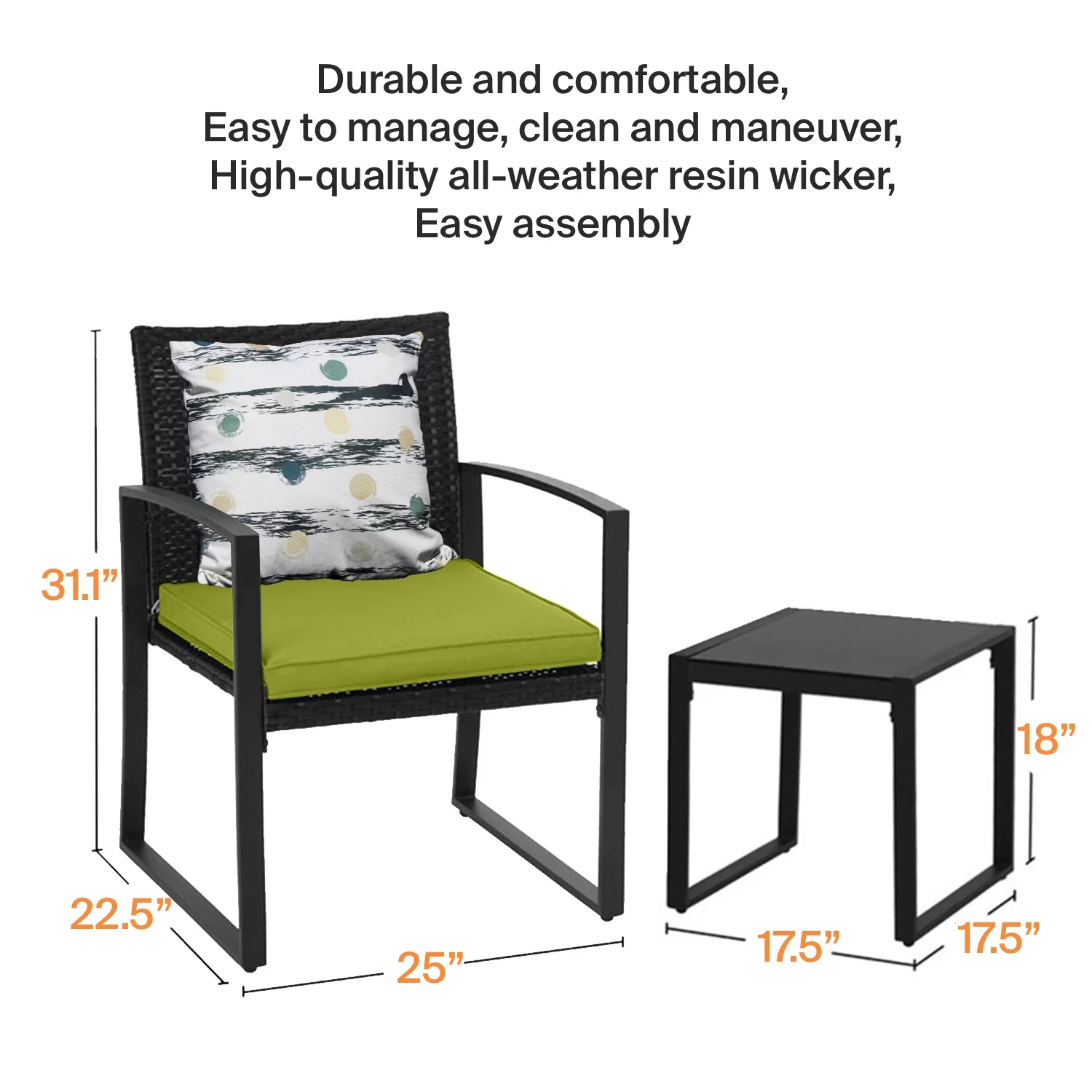 Outside 3-Piece Bistro Set Black Wicker Furniture-Two Chairs with Glass Coffee Table