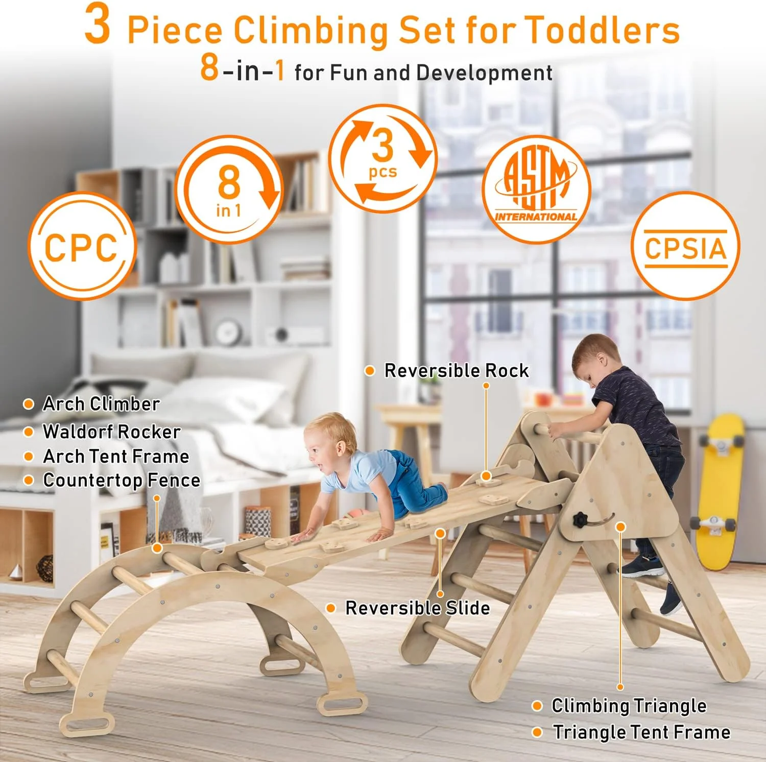 Toddler Climbing Toys Indoor, Foldable Climbing Toys for Toddlers, Montessori Climbing Set with Triangle Climber, Arch Ramp, Rock Climber, Slide, Rocker, Wooden Montessori Toys for Toddlers