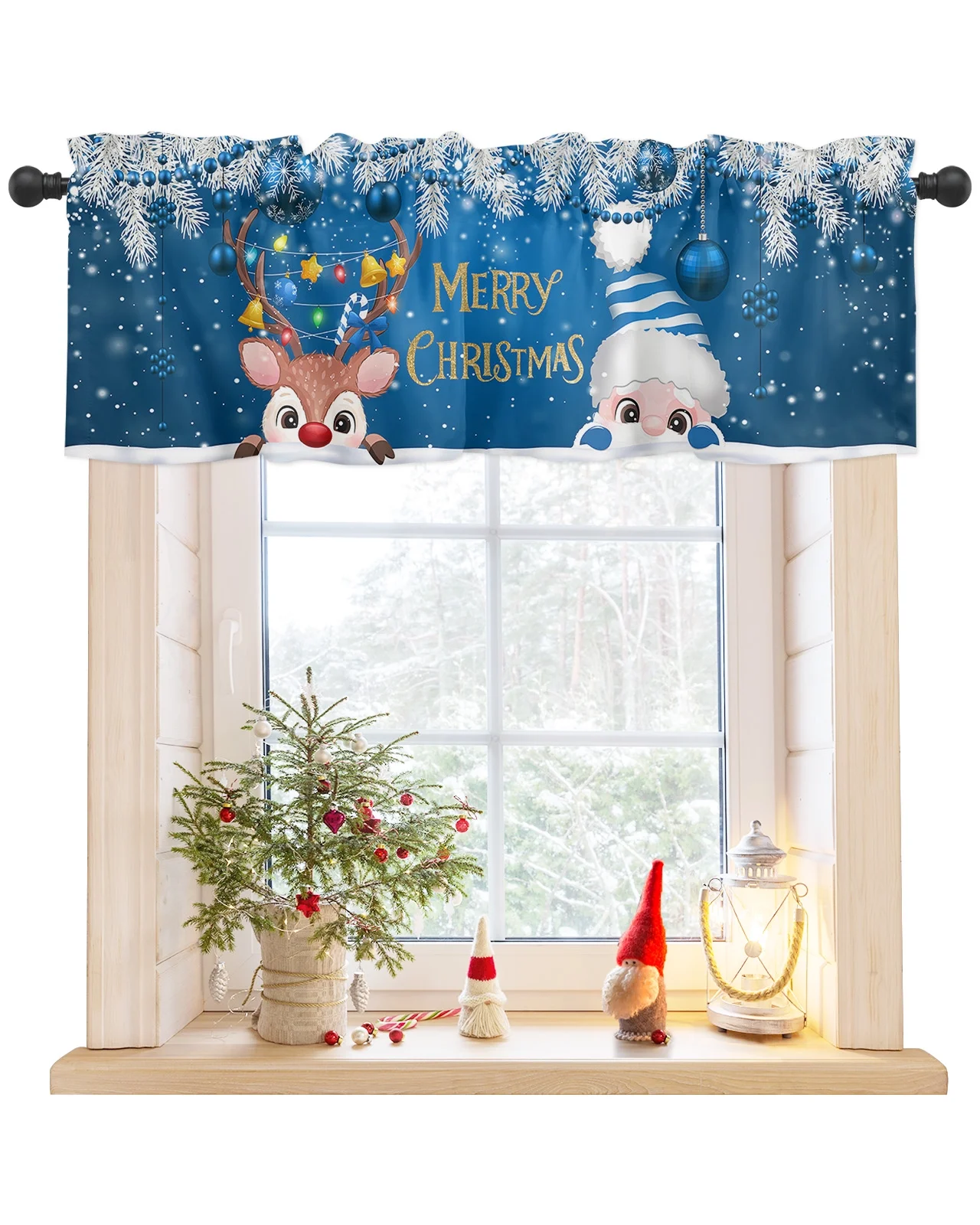 Santa Claus Curtain Valance for Windows/Living Room/Kitchen/Bathroom/Farmhouse, Christmas Elk Cartoon Pine Tree Leaves Blue Short Rod Pocket Tier Curtain Window Treatment, 1 Panel 54x18