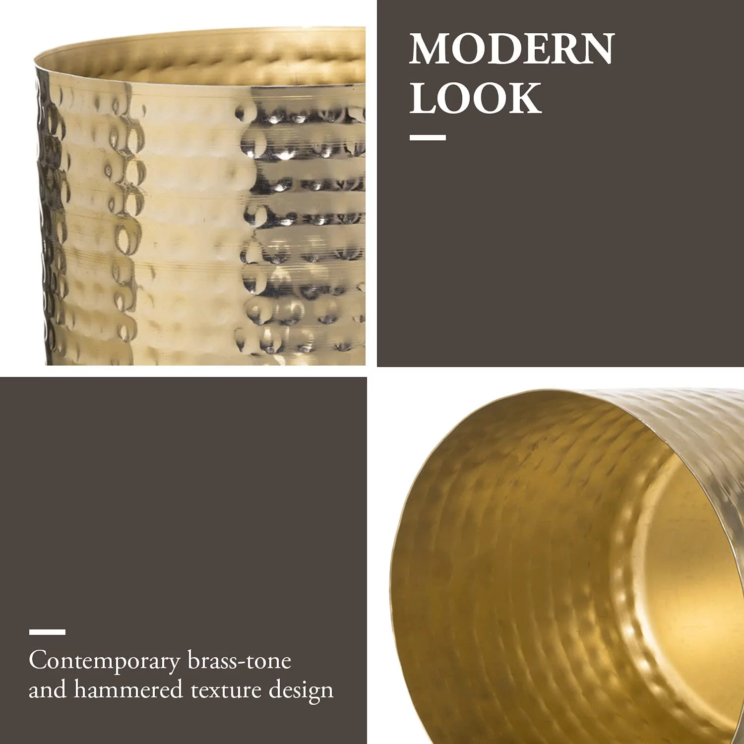 MyGift 2 Piece Hammered Style Cylindrical Planter Pots, Brass Plated Metal