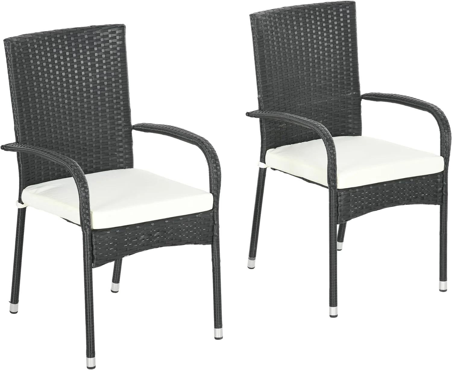 Outsunny Stackable PE Rattan Outdoor Dining Chairs with Cushions, Set of 2 Patio Wicker Dining Chairs with Armrests and Backrest for Patio, Deck, Cream White
