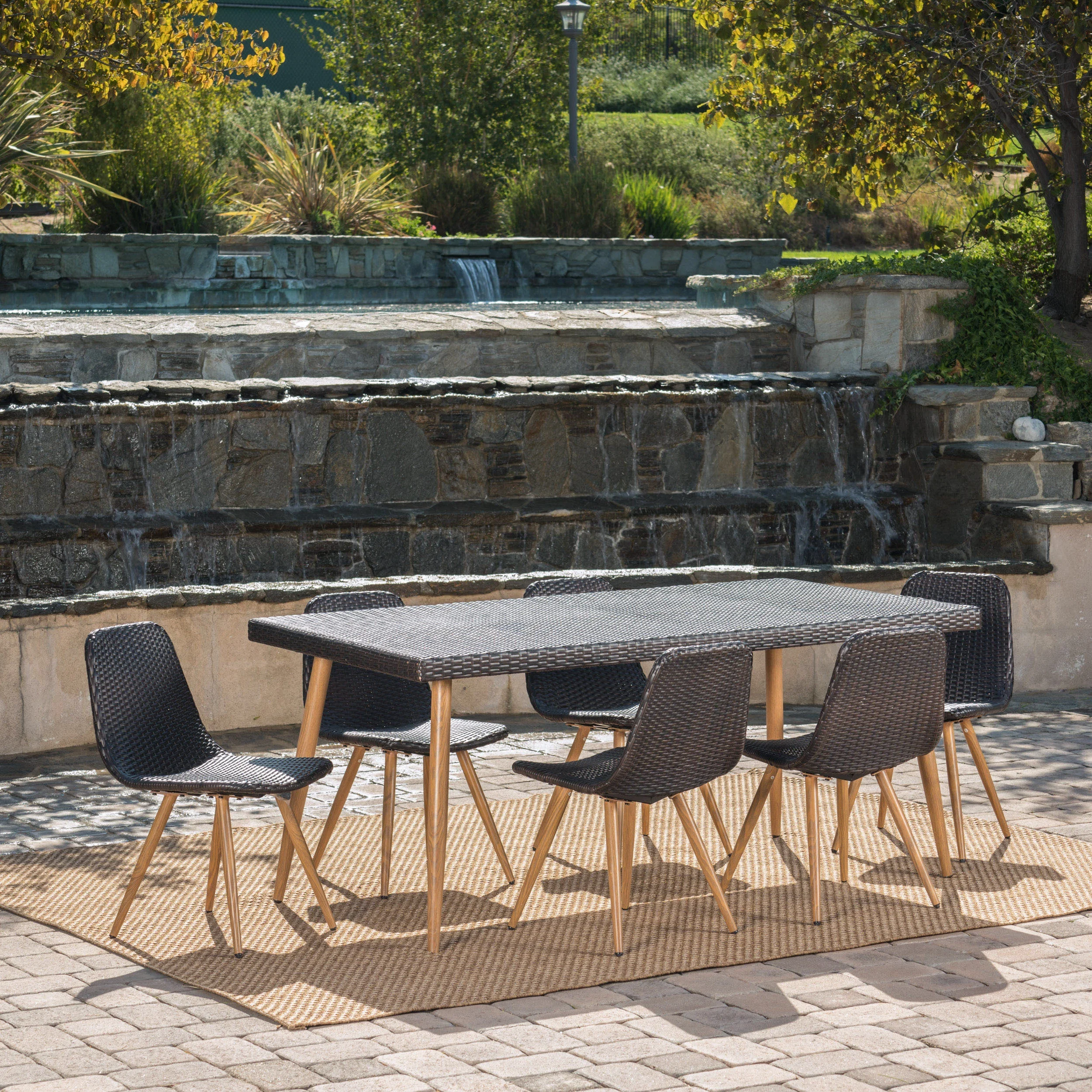 Outdoor 7 Piece Wicker Dining Set with Faux Wood Finished Legs,Multibrown