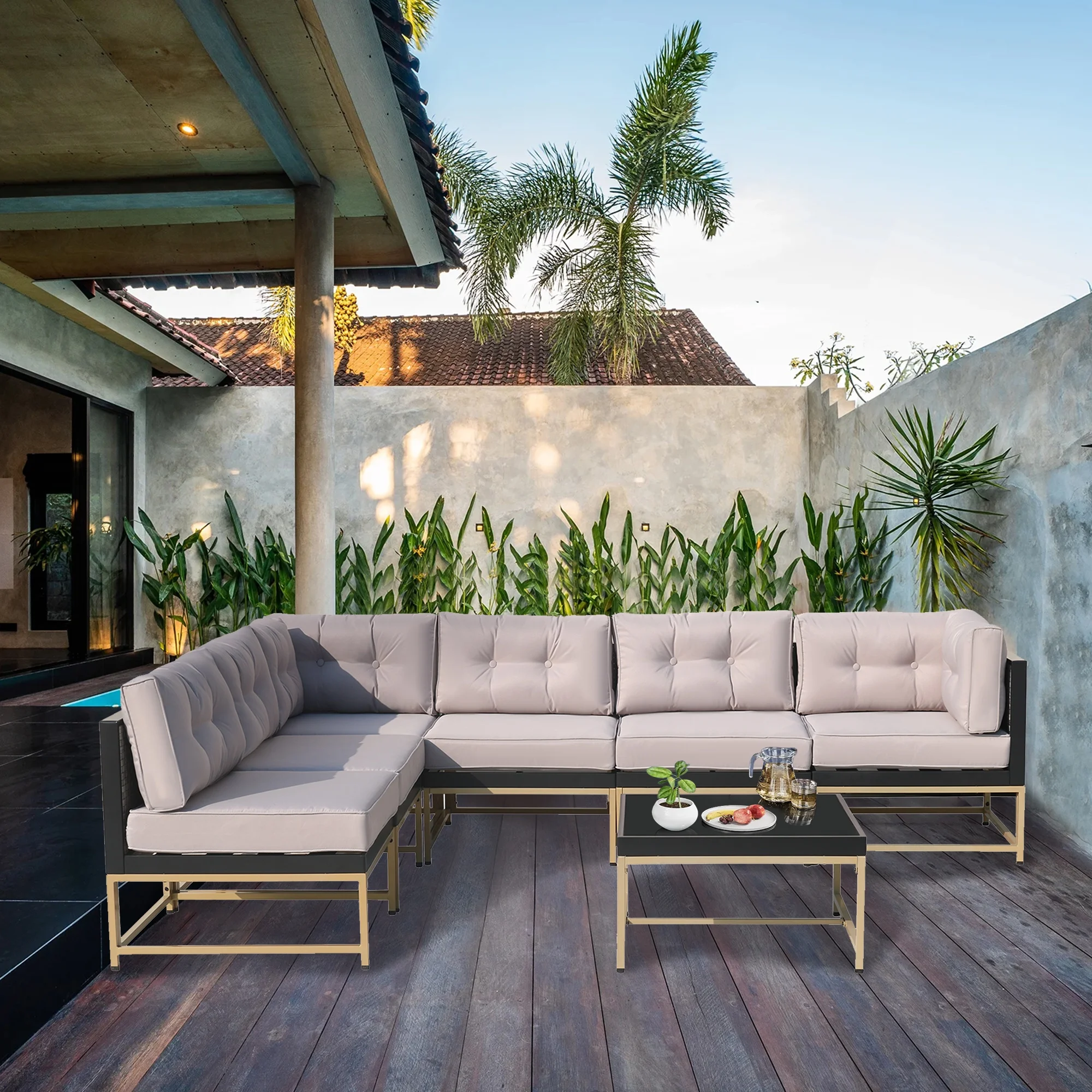 Segmart 7 Pieces Outdoor Patio Furniture Sets, Heavy-Duty Steel Rattan Conversation Sectional Set with Coffee Table & Cushions, Gray