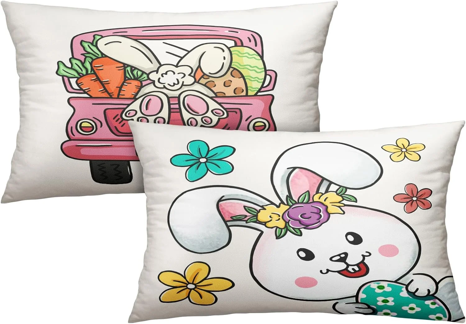 GZHJMY Happy Easter Spring Eggs Rabbit Pillow Covers 12x20 Set of 2 Cartoon Cute Bunny Carrot Pink Truck Flowers Decorative Pillowcases Holiday Soft Linen Cushion Covers for Home Office Sofa