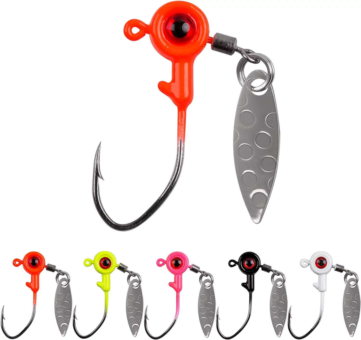 Crappie Fishing Jig Heads Kit,25pcs Underspin Lures Jig Head with Spin Blade Eye Ball Painted Jigs Hooks