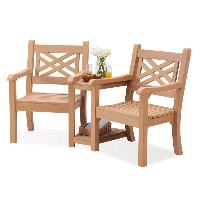 Efurden Patio Conversation Set, Poly Lumber Outdoor 3 Piece Patio Loveseat Set with Built-in Table & Umbrella Hole, Patio Furniture Suitable for Garden and Balcony, Teak