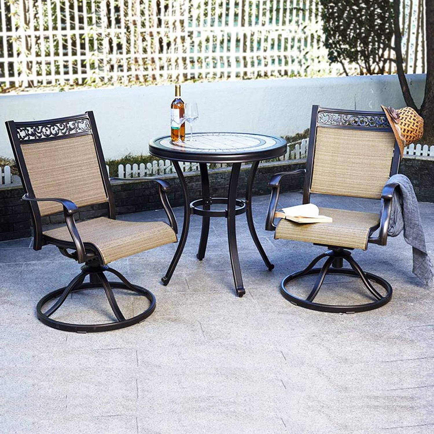 Portable  Round Table with Mosaic Tile Top and Cast Aluminum Frame - 28'' dia x 28.6'' height (Black Gold)