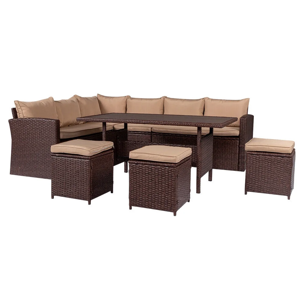 8PCS Patio Rattan Dining Set Cushioned Sofa Ottoman Table Yard Furniture