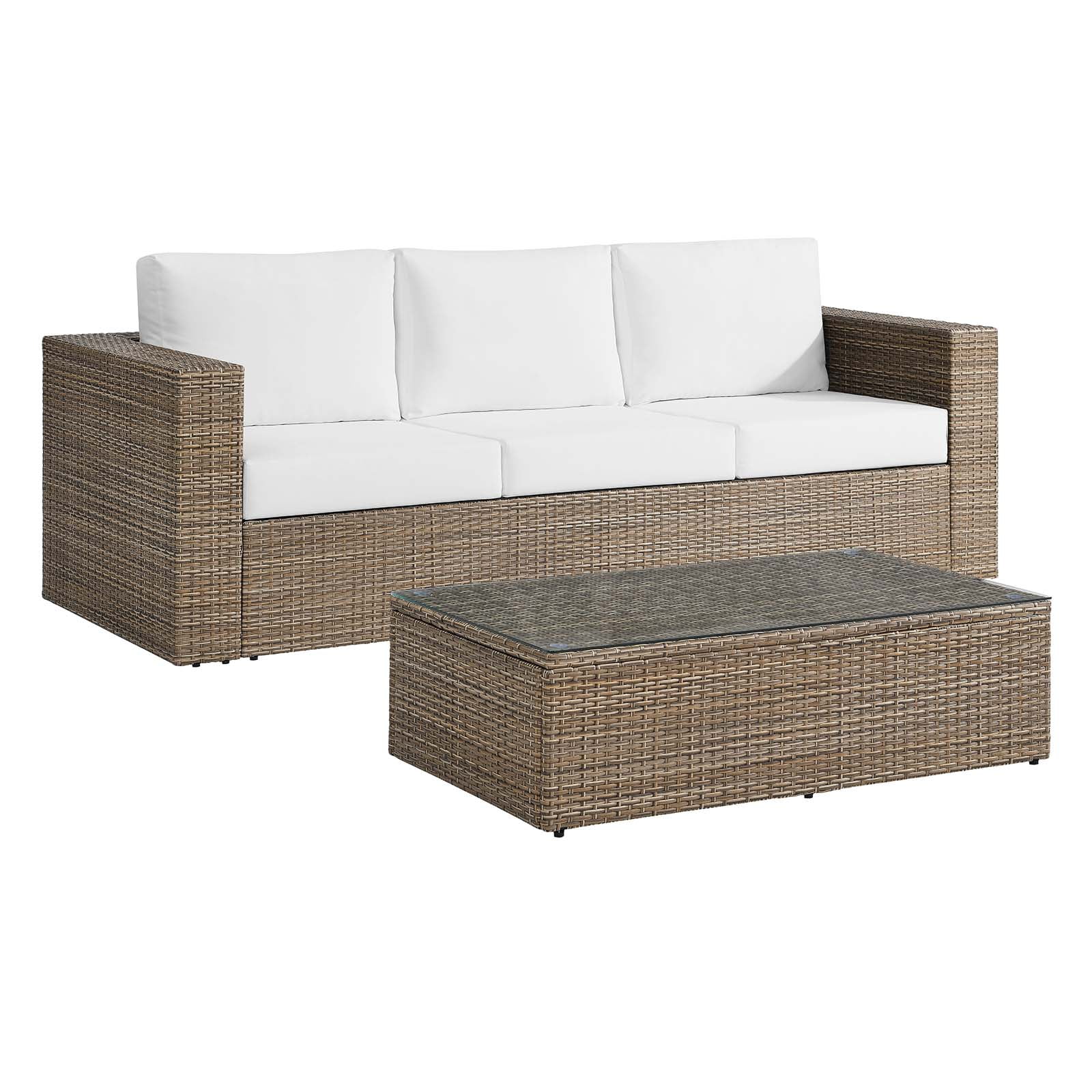 Lounge Sectional Sofa Table Set, White, Rattan, Wicker, Outdoor Patio Balcony Cafe Bistro Garden Hospitality Restaurant, Modern Contemporary HB34712