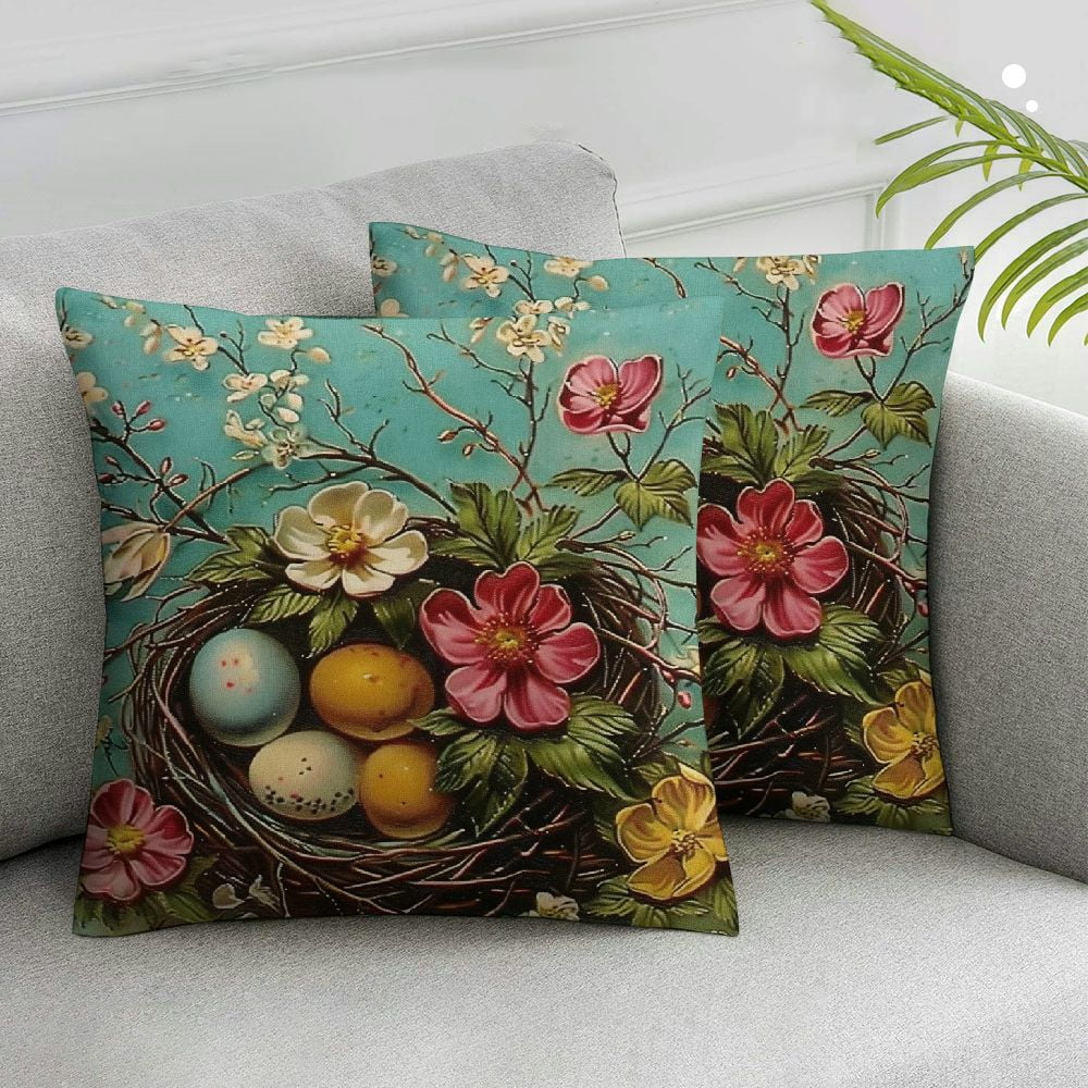 Nawypu Happy Easter Throw Pillow Covers Set of 2 Vintage Peach Blossoms Bird nest Easter Egg Country Rustic Teal Comfort Velvet Square with Zipper Living Room Bedroom Dorm Couch Chair Pillow case