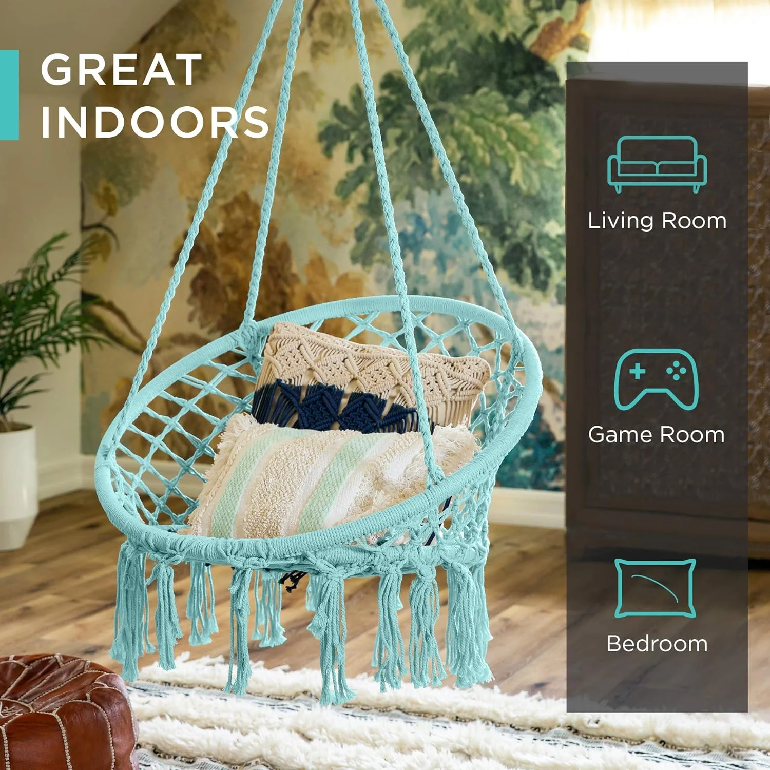 Handwoven Cotton Macramé Hammock Hanging Chair Swing for Indoor & Outdoor Use w/Backrest, Fringe Tassels, 265 Pound Capacity - Teal