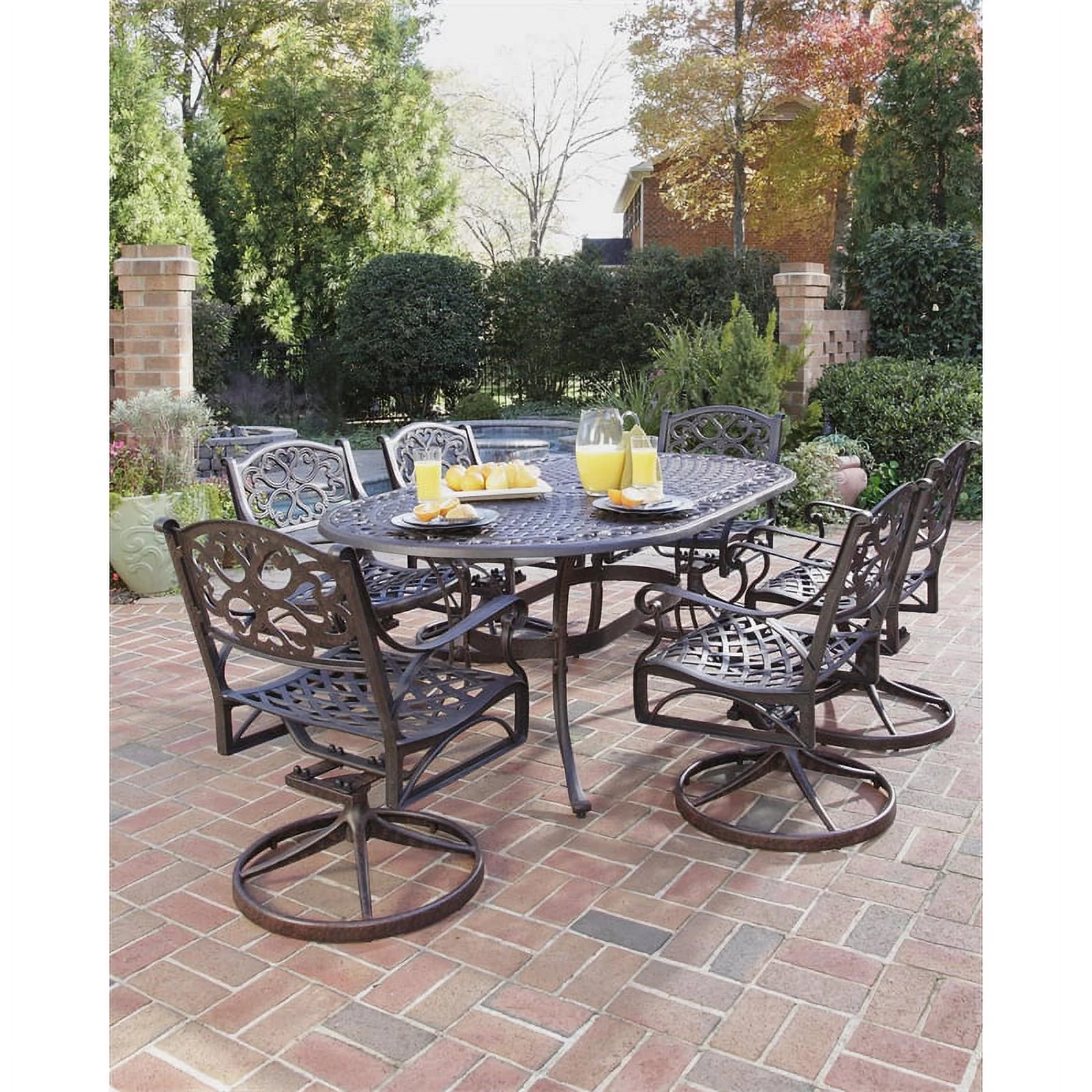 Pemberly Row Traditional Brown Aluminum 7 Piece Dining Set with Cushions