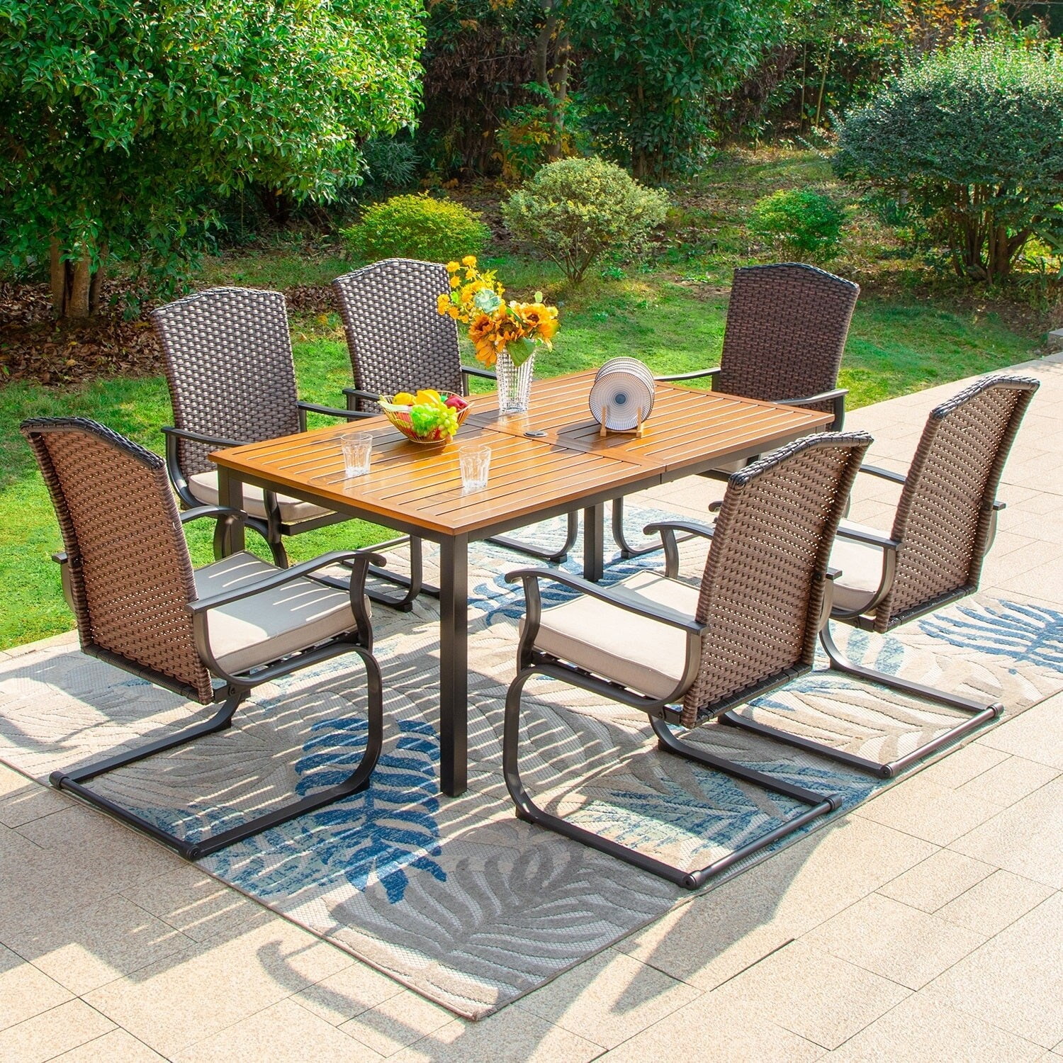 7-Piece Patio Dining Set, 6 Rattan Wicker Rocking Armrest Dining Chair with Cushion and 1 Metal Table C Spring chair
