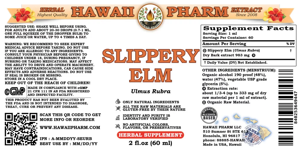 Slippery Elm (Ulmus Rubra) Dry Bark Liquid Extract. Expertly Extracted by Trusted HawaiiPharm Brand. Absolutely Natural. Proudly made in USA. Tincture 2 Fl.Oz