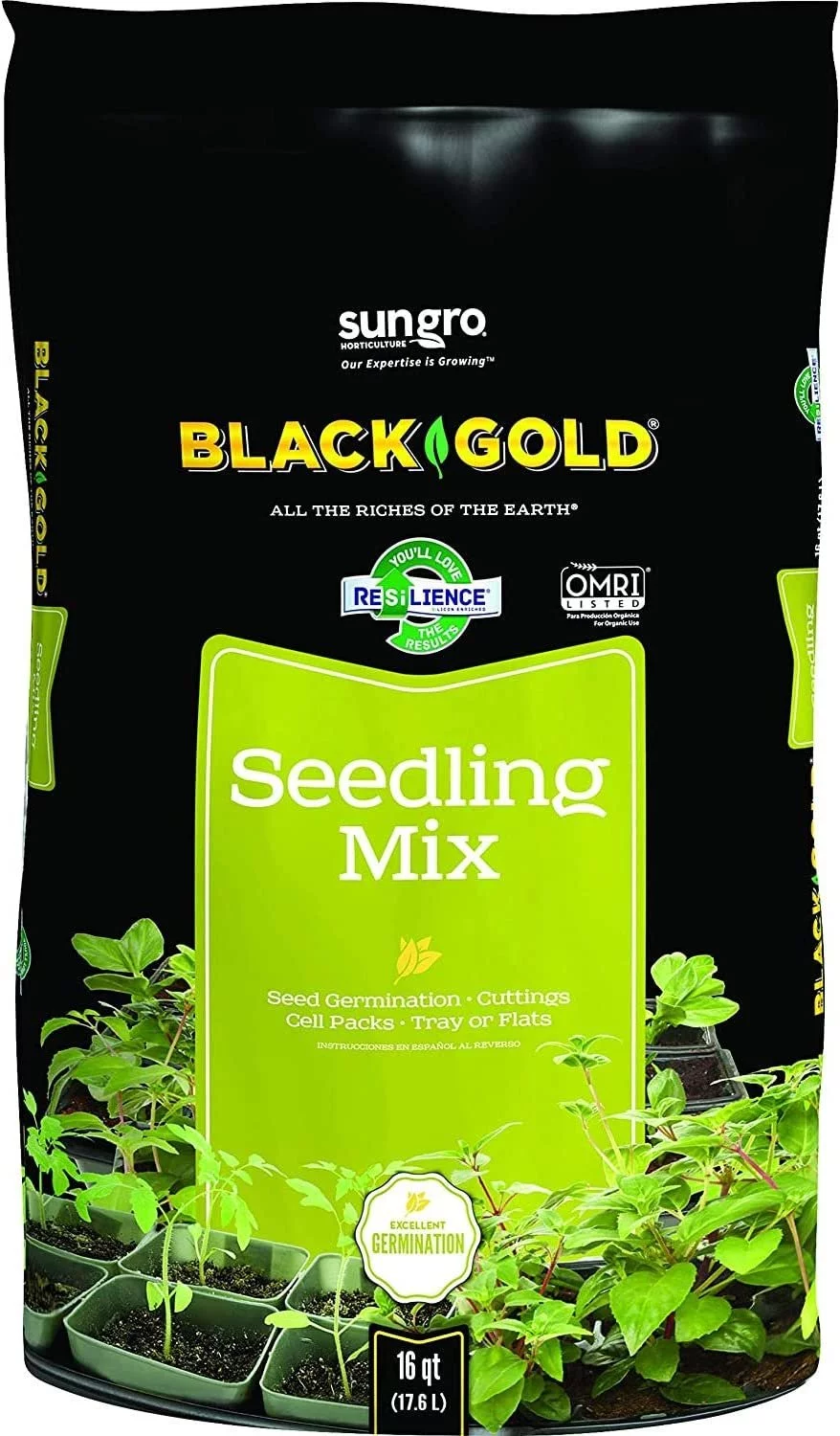 SunGro Black Gold Seedling Germination Mix for Seeds, Cutting, Vegetables, and Herbs, 16 Quart Bag 6 Pack