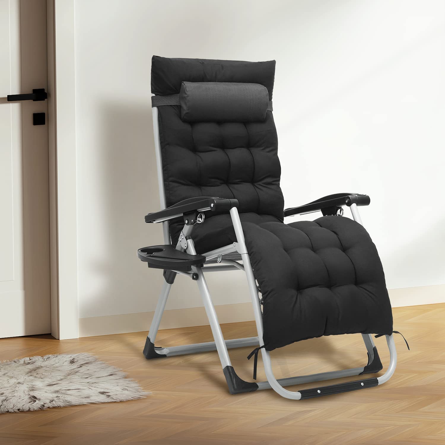 MoNiBloom Beach Chaise Lounge Chair, Patio Folding Recliner with Removable Cushion, Headrest & Tray, Portable Tanning Sunbathing Chair for Poolside Beach Porch Yard, Reinforced Bar, 330lbs Grey