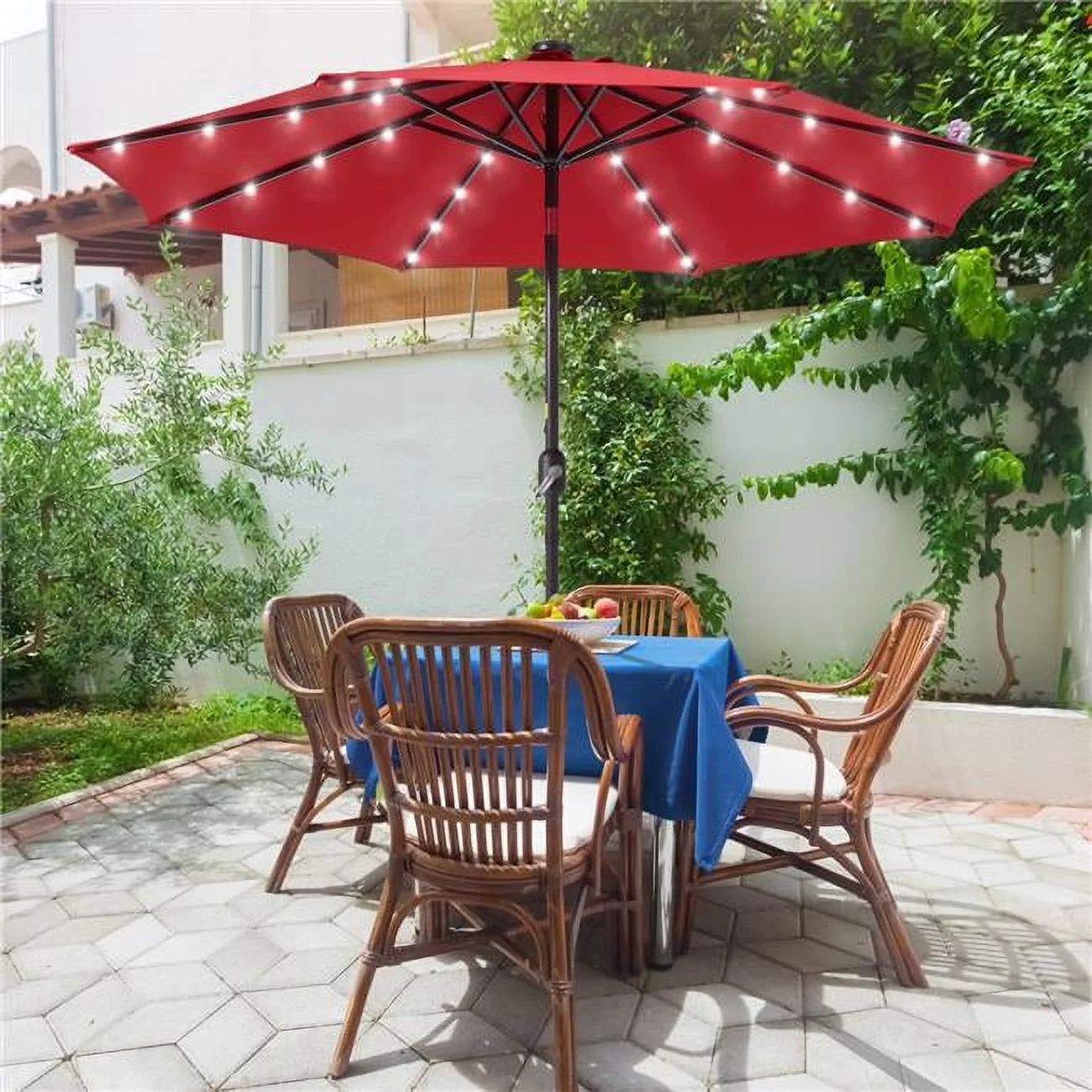 SANLUCE  9 ft. Solar Lighted LED Outdoor Patio Market Table Umbrella in Red, UV-Resistant Canopy and Tilt Button