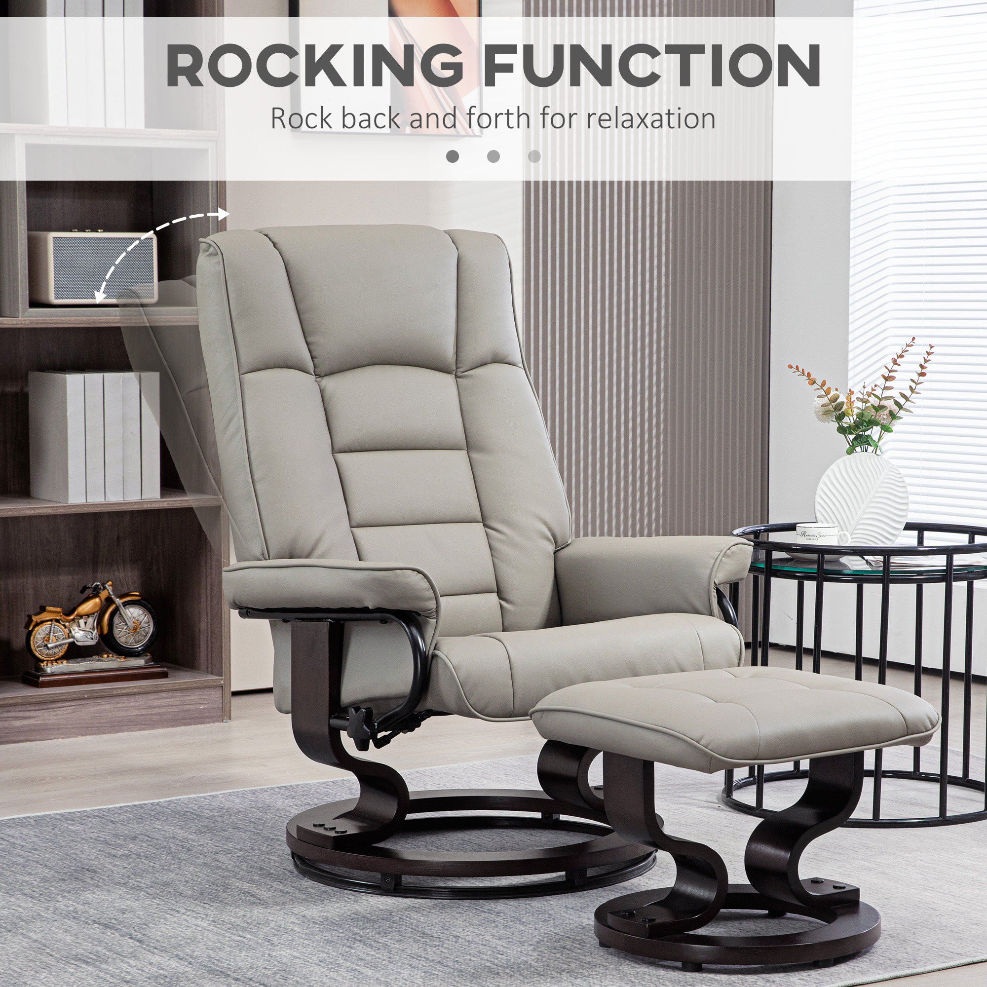 HOMCOM Swivel Recliner with Ottoman, Faux Leather Rocking Chair, Gray
