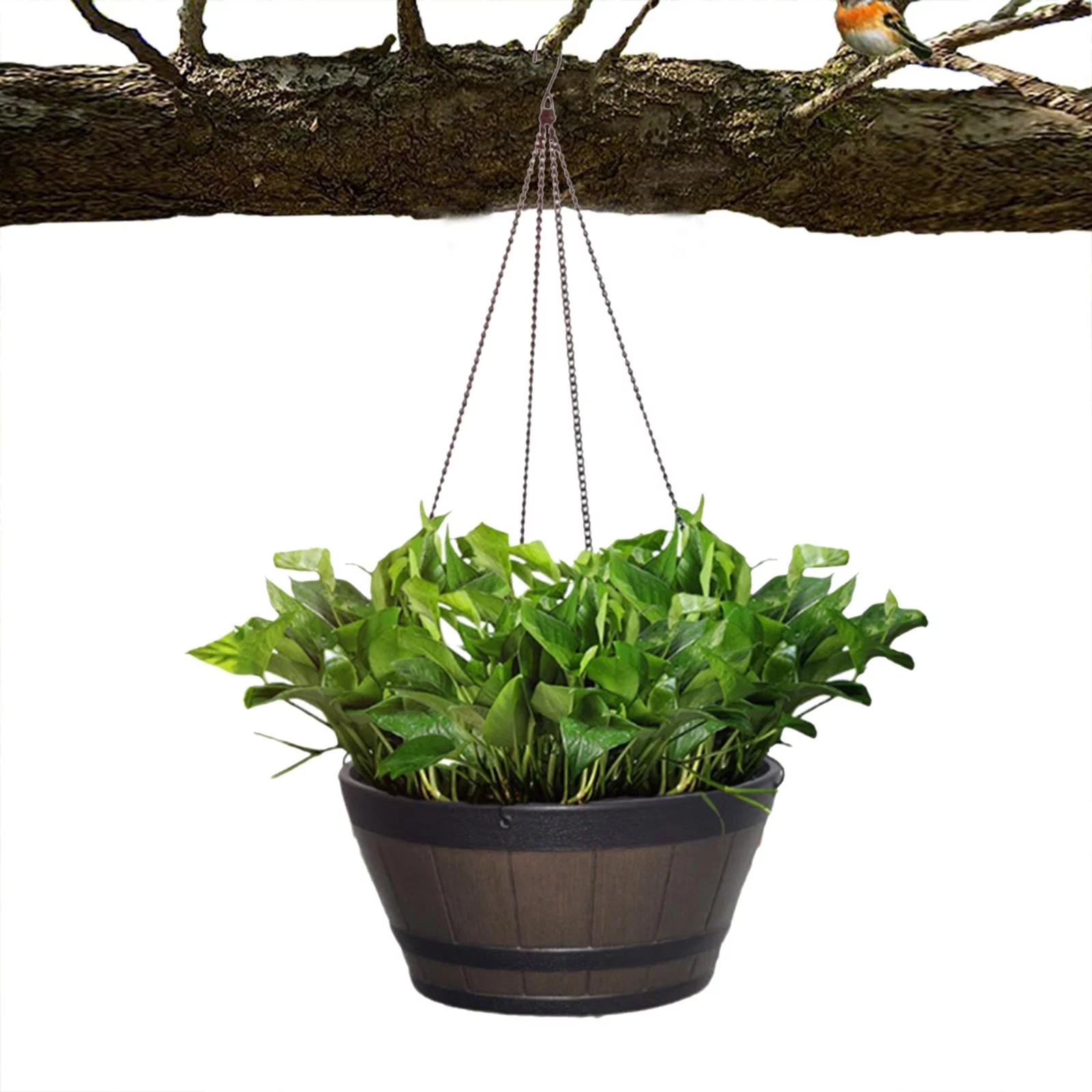 Large Wooden Bucket Barrel Planters - Rustic Flower Planters Pots With hanging chain