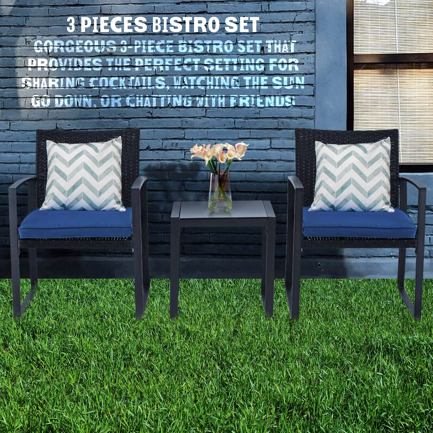 Patio 3-Piece Conversation Black Wicker Furniture-Two Chairs with Glass Coffee Table Dark Blue