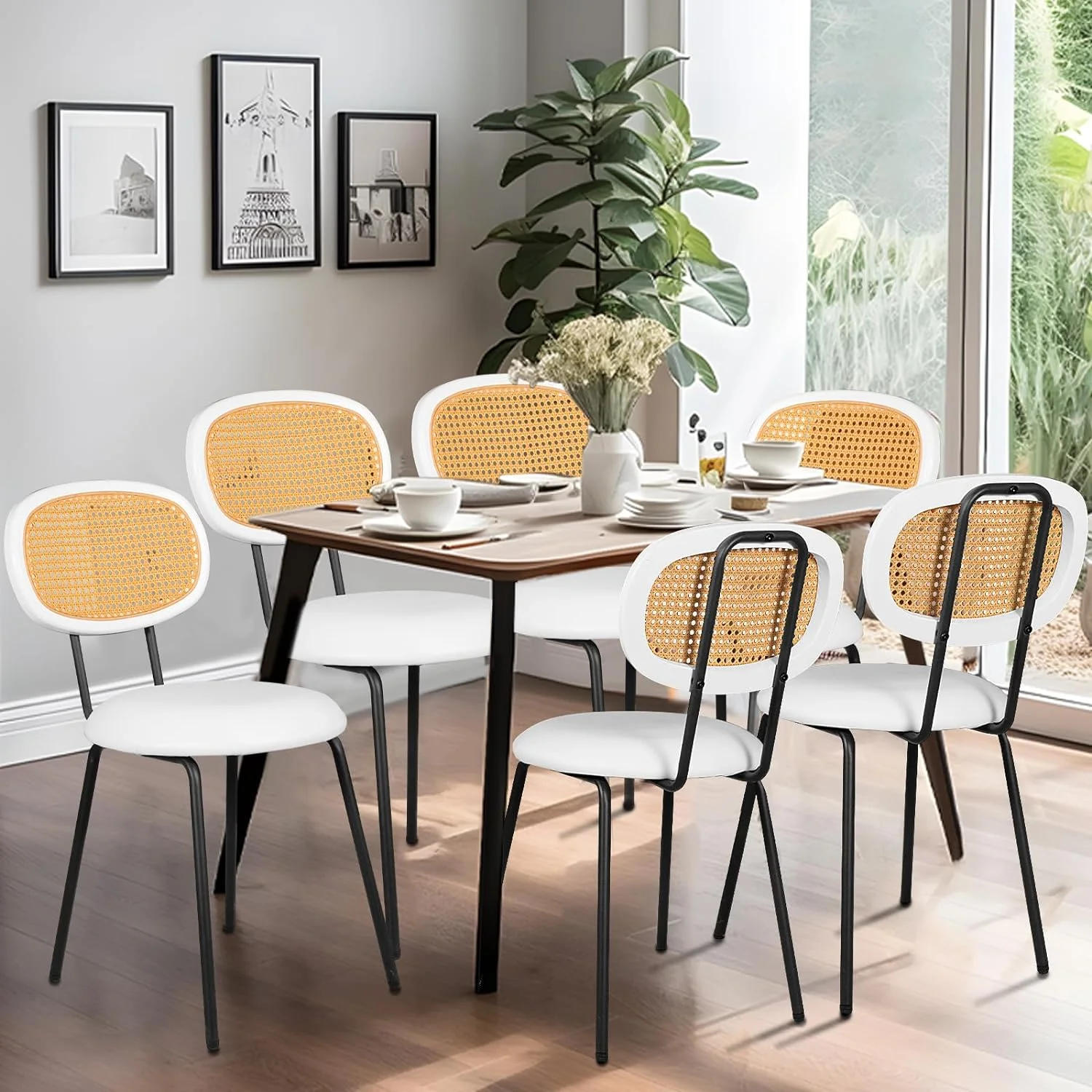 SJUIOK Dining Chairs  with Rattan Backrest  Brown Rattan Dining Chairs  Mid Century Modern Dining Chairs  Faux Leather Kitchen Side Chairs  Upholstered Kitchen Dining Chairs 18"