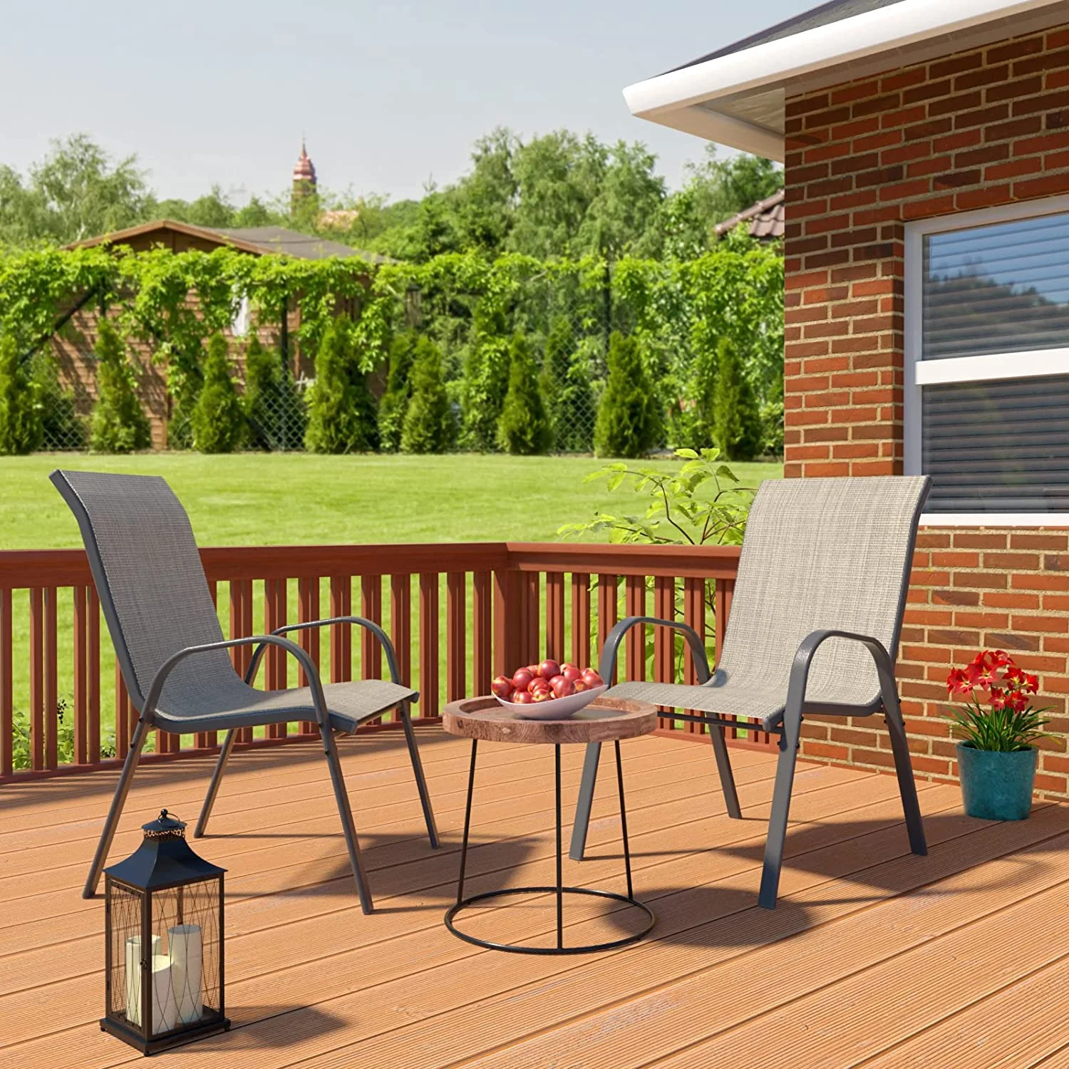 Amopatio Patio Chairs Set of 2, Outdoor Stackable Dining Chairs for All Weather, Brown, Breathable Garden Outdoor Furniture for Backyard Deck