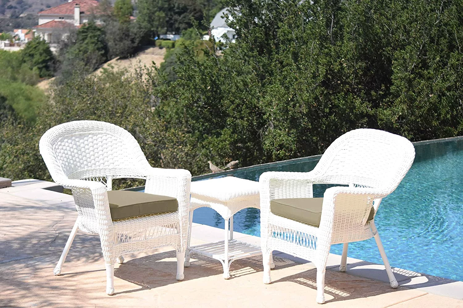 Dina 3 Piece Wicker End Table Set with with Tan Chair Cushion  White