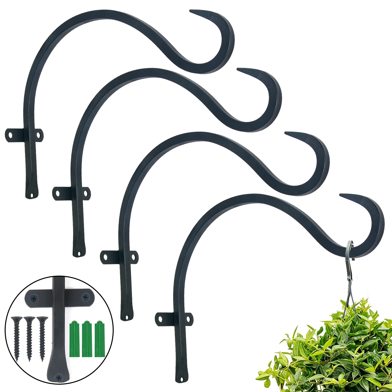 Wall Mount Plant Hanging Bracket, 12in Heavy Duty Rustic Decorative Metal Plant Hange(Black, Set of 4)