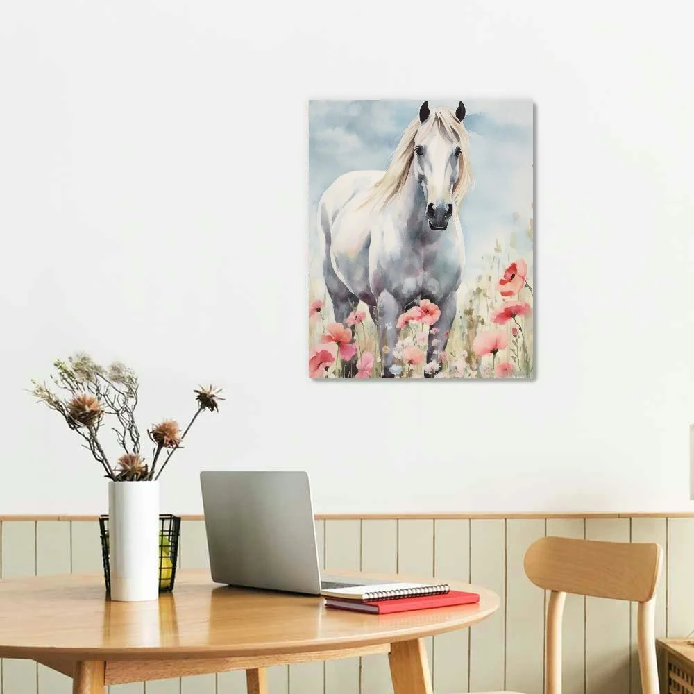 ARISTURING  Beautiful Horse Pink Flower Animal Watercolor Painting Canvas Wall Art