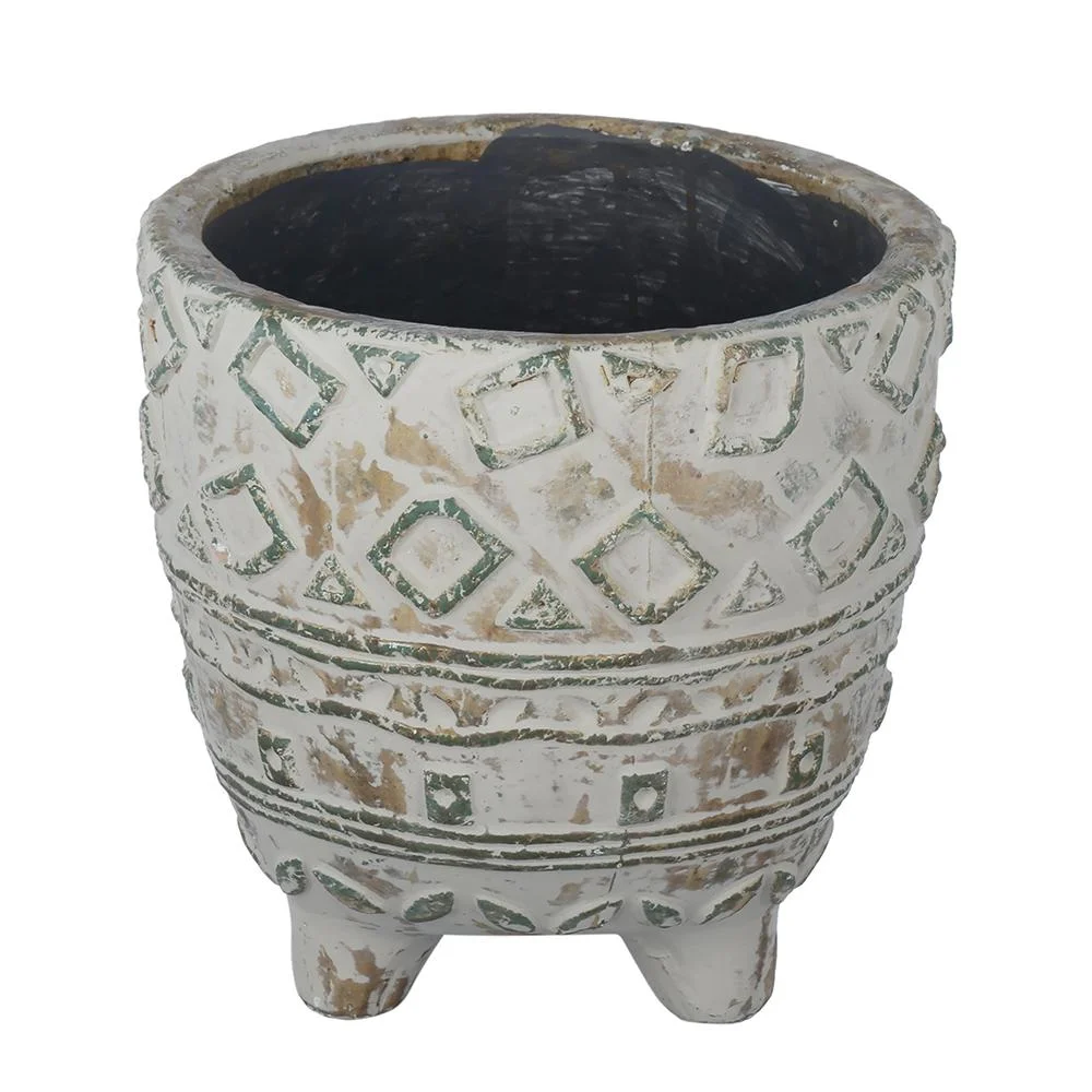 A&B Home Ivory Terracotta Planter with Textured Tribal Pattern 8.3