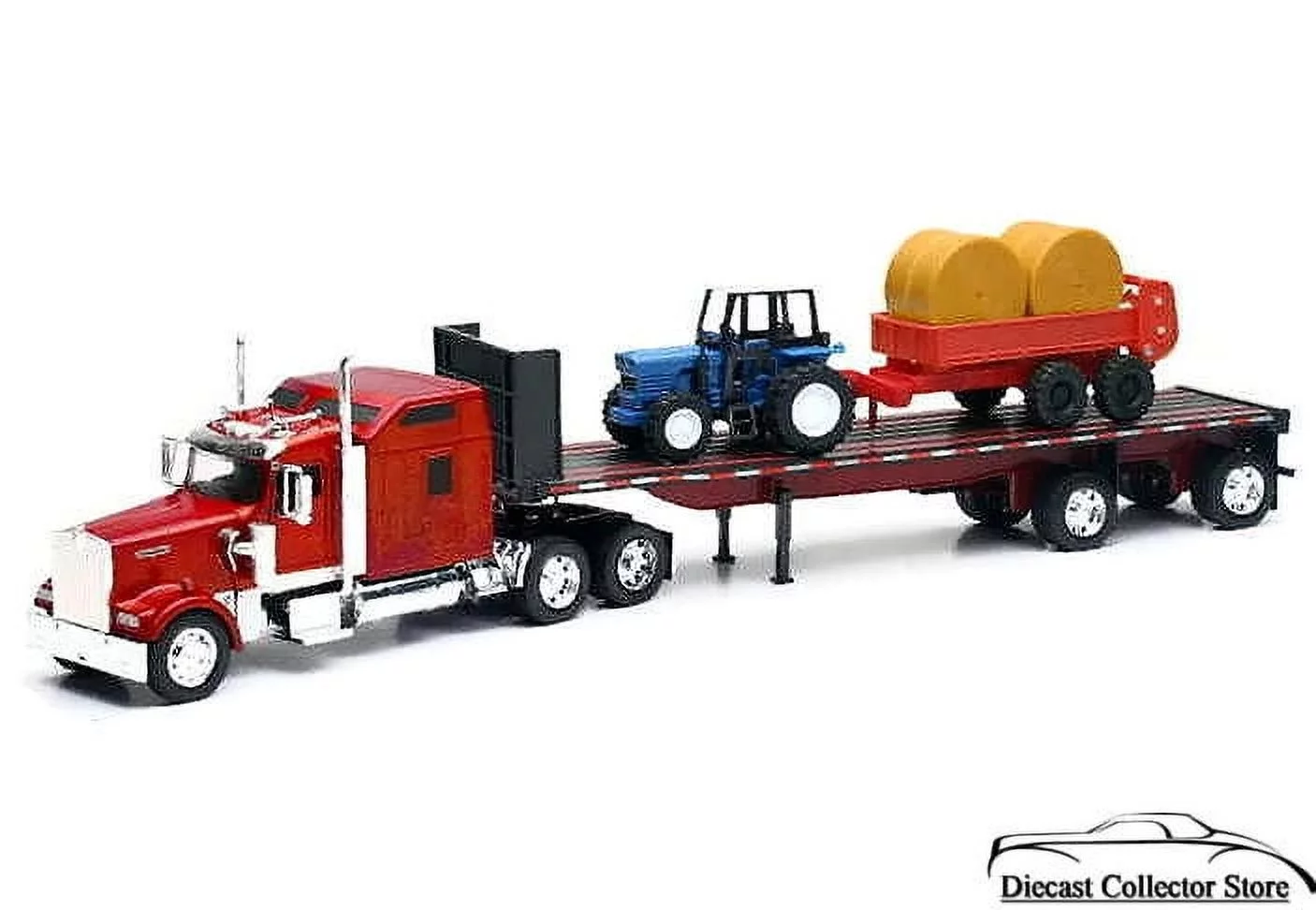 New Ray Toys SS-10353E 1:32 Long Hauler - fits Kenworth™ W900 Flatbed with Farm Tractor and Haybale