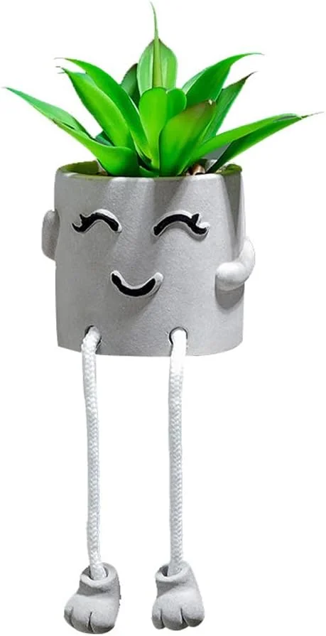 Zhuge Artificial Succulents in Cement Pots w/Hanging Leg, Fake Succulents Plants, Realistic Faux Succulents Plants, Cute Human Shaped Mini Potted Fake Plants for Desk,Office, Bathroom,Home Decor (B)