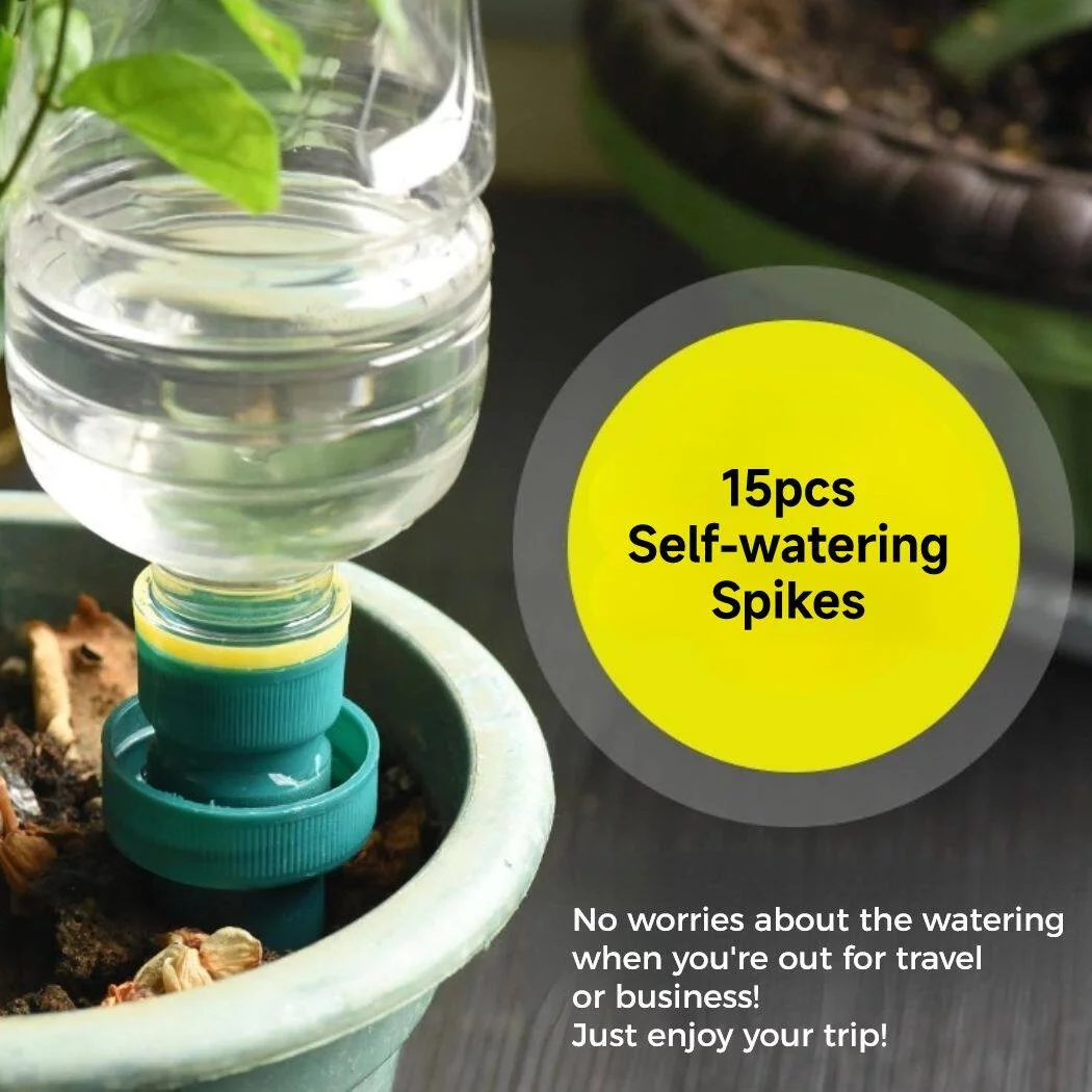 Self Watering Spikes, 15 Pcs Bottle Adapter Auto Watering Device Set, Upgraded Plant Watering System to Keep Soil Moist, Automatic Irrigation Stakes for Outdoor & Indoor Vacation Plant Watering