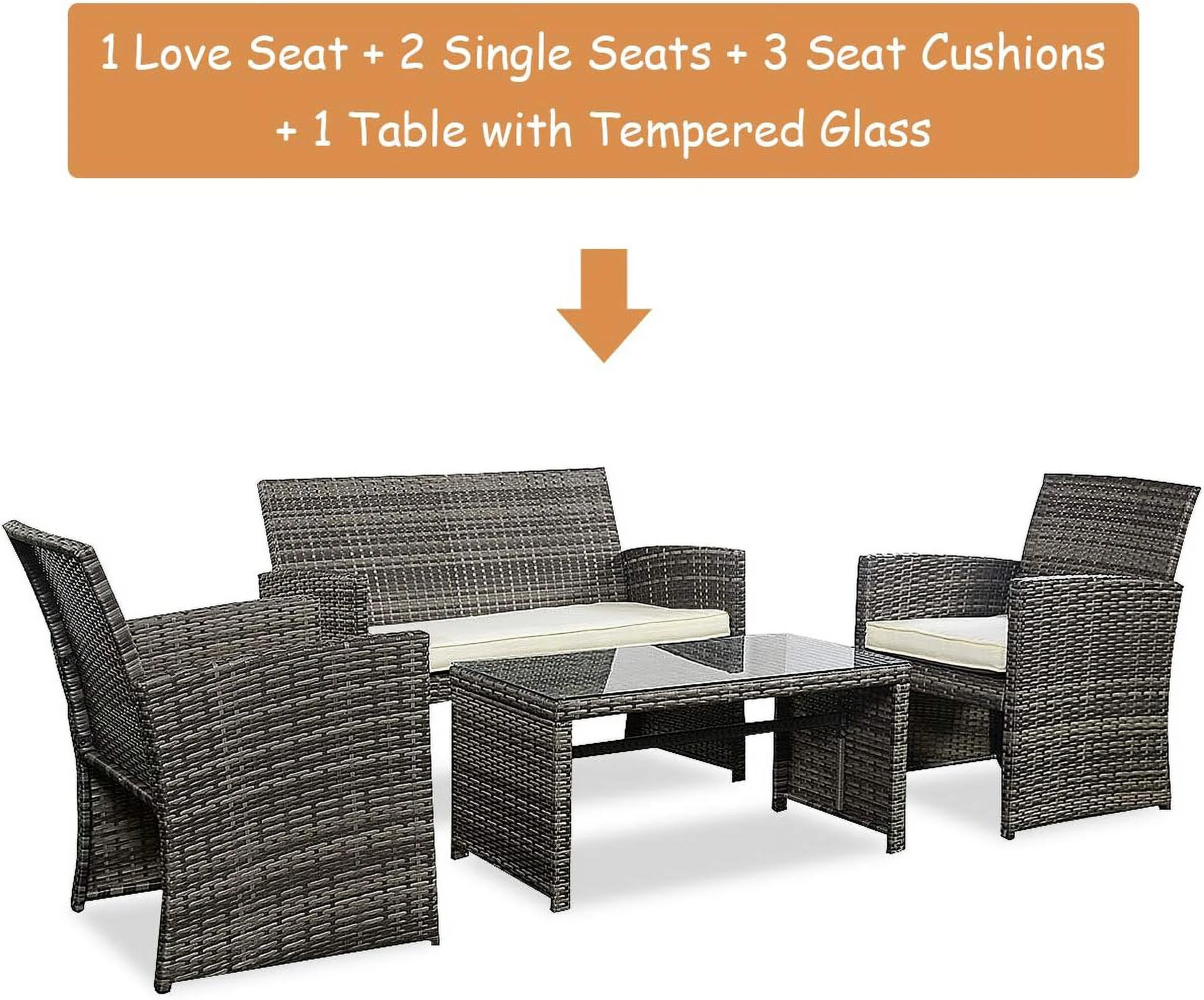 4 PC Rattan Sofa Chair And Table Set, Wicker Patio Conversation Set With Cushioned Chairs And Table