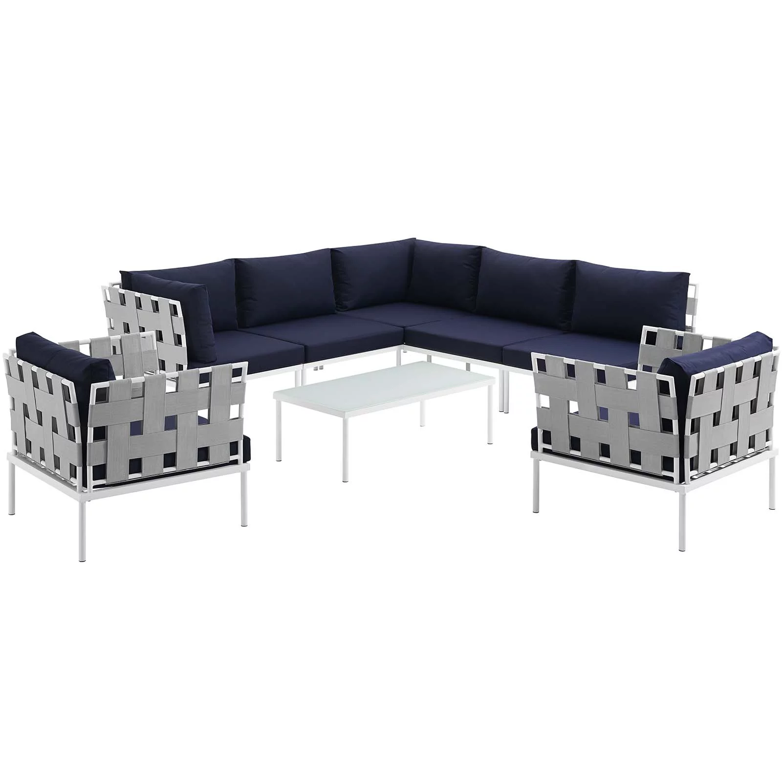 Modern Contemporary Urban Design Outdoor Patio Balcony Eight PCS Sectional Sofa Set, Navy Blue White, Rattan