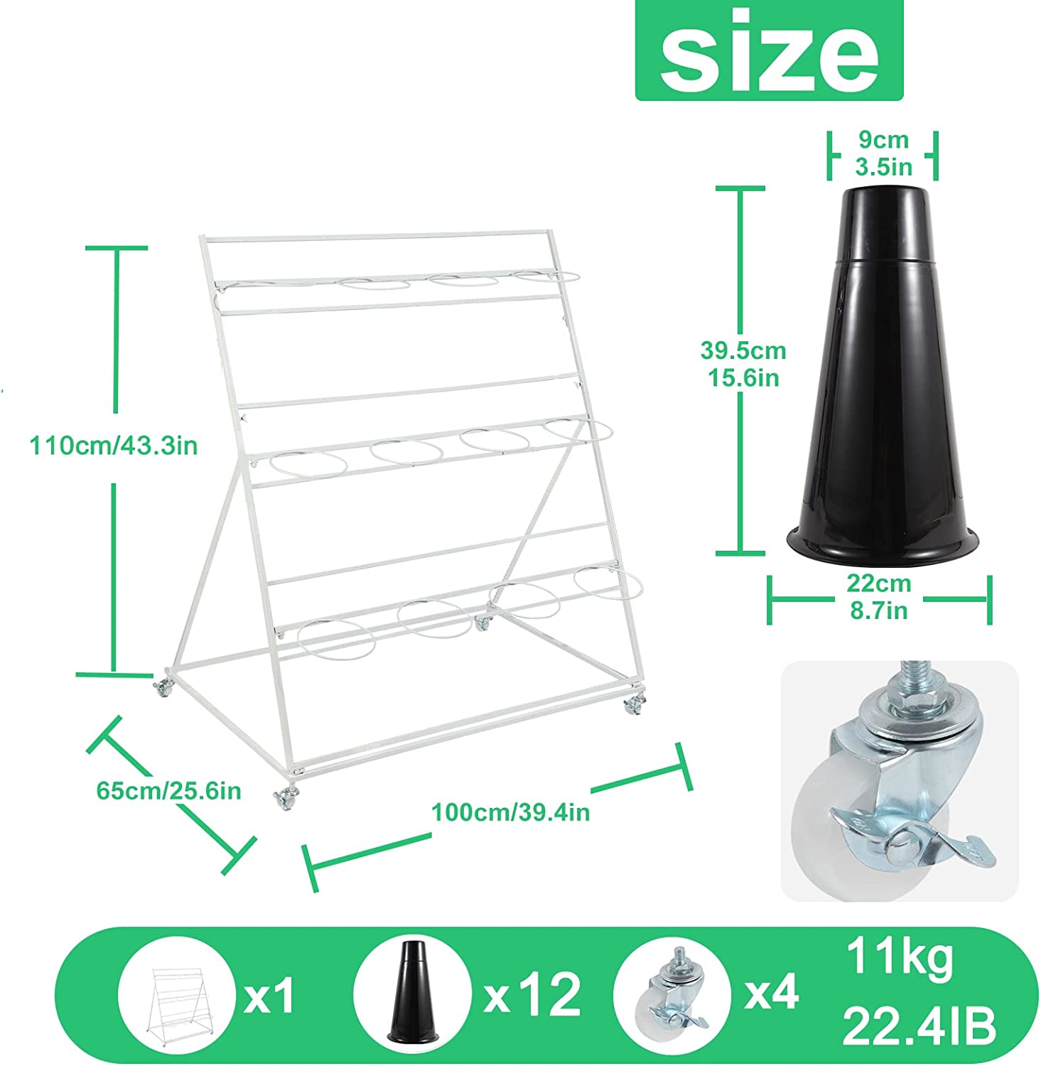 Flower Display Stand with Buckets, 3 Layers Metal Plant Stand, Moving Florist Bouquet Shelf for Fresh Flower Shop, for Patio Garden, Outdoor Flower Pop-Up Events (White Frame - Black Bucket)